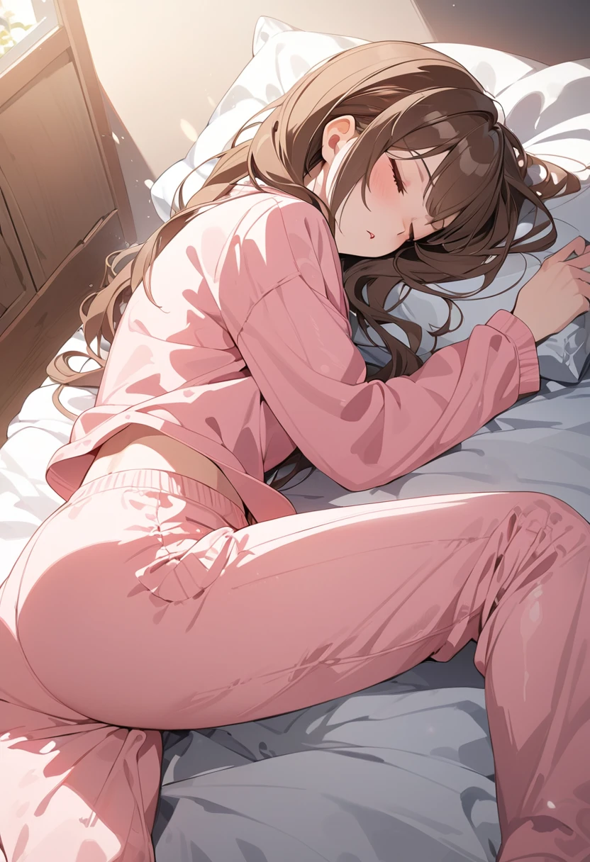 masterpiece, Best Quality, High resolution, Ultra-detailed, Sleeping girl, 2, Anime Style, She is wearing long pants, She is wearing pink pajamas, Brown Hair.