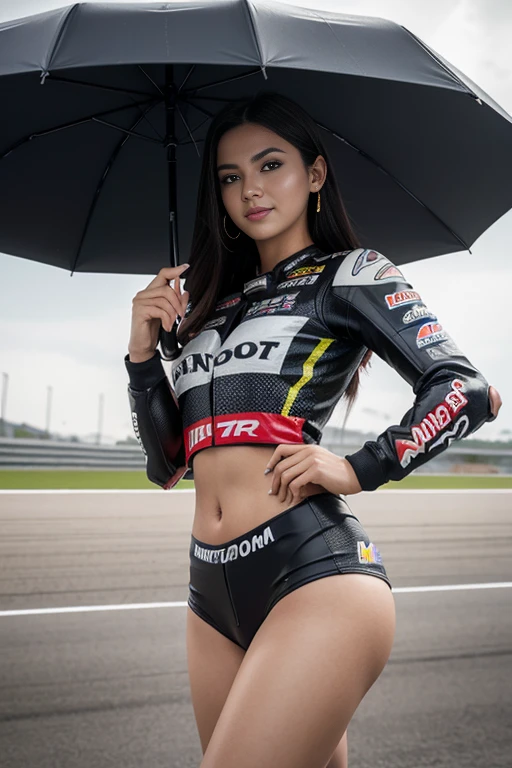 (Masterpiece), ( grid girl from MotoGP), full body, Best quality, Highest quality, Detailed, Extremely detailed_Eyes, Sexy,Breasts, beautiful hands, beautiful legs,
(eyes liner:0.5),(Blush:0.5), Black hair, Simple Diamond Earrings,Detailed skin,
view the viewer, Light smile, finger nails, masterpiece, best quality, detailed skin texture, detailed cloth texture, intricate details, ultra detailed, ((MotoGp event)), (holding on umbrella), (MotoGp circuit background),  Profile pose with the subject looking to the back, low angle,  (Best quality, A high resolution, Photorealistic, primitive, 8K,Masterpiece, ),Best quality, Masterpiec8K. Wallpaper hdr. High ribs:1.2, filmgrain, Blur bokeh:1.2, Lens flare, (vivd colour:1.2), (Delicate),