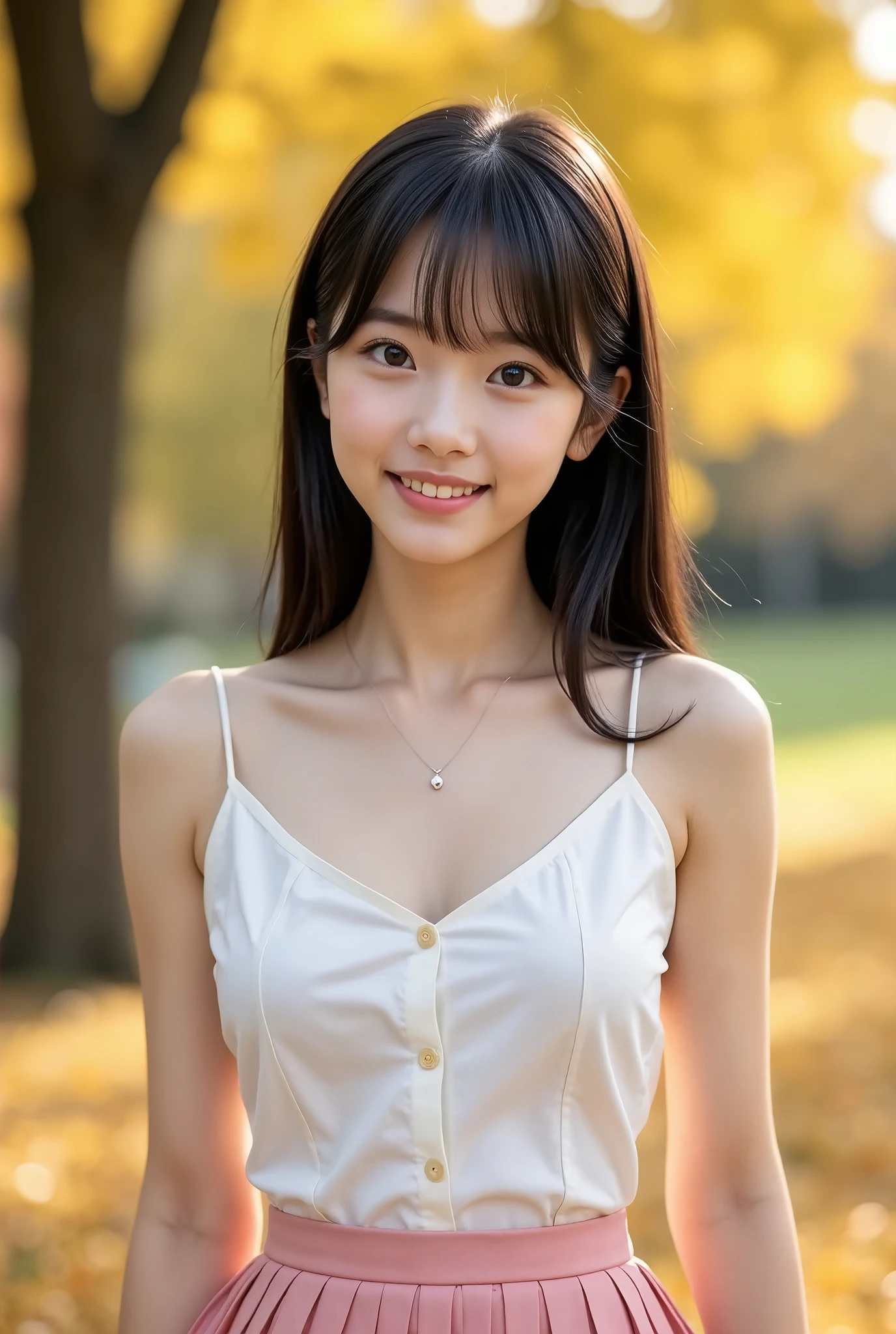 (masterpiece, Best Quality:1.2), One girl, Alone, Japanese women, 20 years old, Beauty, Beautiful slim figure, (Super cute idol-like face), Perfect Face, Perfect Face, Perfect eyes with perfect symmetry, Very detailed, Real, High resolution, Happy expression, Beautiful breasts, Brown eyes, White sleeveless blouse、Pink pleated skirt, Beautiful legs, smile, Black Hair、Medium Straight Hair, With bangs, In a beautiful autumn park,