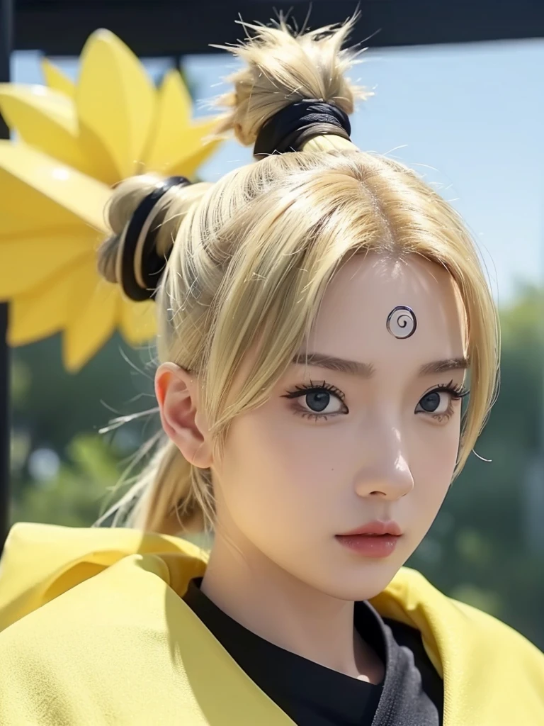 Temari yellow hair Ponytail 4 Very beautiful, tiktok video, talking , very cute features, cute features, 8 k ultra realistic, live footage, iphone video, live, real footage, trending on artstatoon,