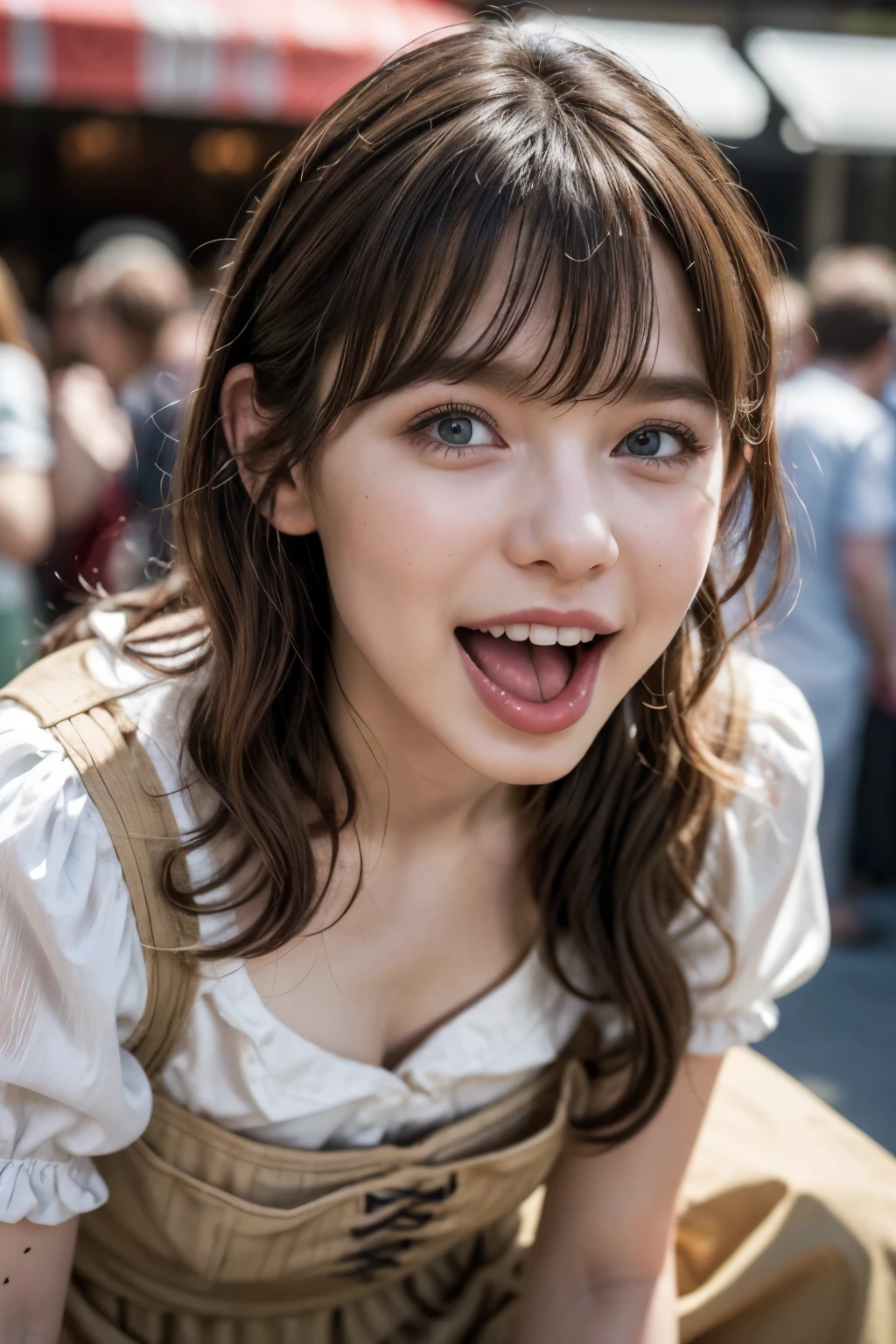 realistic, cinematic, photogenic, Oktoberfest, in an urban area, a very lively crowd around, festive atmosphere, under the sunshine, crouching down, shot from directly above, ultra close-up, looking up at me from below, upturned eyes, eating a sausage with holding it, open mouth wide and stuff the sausage into mouth, big smile, laughing out loud, wearing dirndl dresses, bright brown hair, pompadour hairstyle, twisted bangs, hair is blowing in the wind, hair is shaggy and dishevelled, a flushed face from drunkenness, a little sweaty, a tipsy expression, beautiful white translucent skin, slendar figure, a little exposed chest, heavy and vivid makeup, detailed rendering, cinematic lighting, vibrant colors, photorealistic, best quality, 8k, hyperdetailed