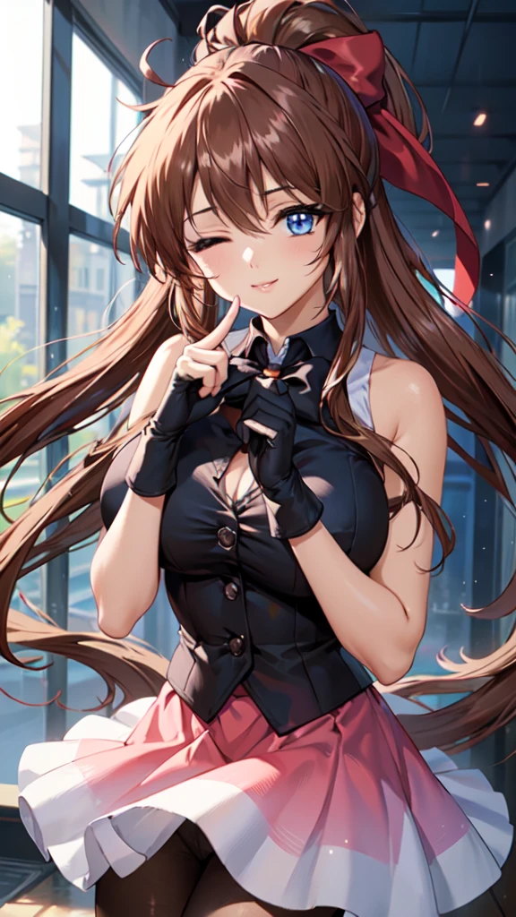 Aoikan, (masterpiece, Highest quality, beautifully、aesthetic:1.3), (teenager),1girls,alone, cute smile, (Silvery brown hair with reddish brown streaks:1.4), (Gradient brown hair tip:1.6), hair, Ridiculously long hair, Single Side Lock, Wavy Hair, Shiny Hair, Floating Hair, (Deep blue eyes), Delicate eyes, blue eyes, Very fine eye, Long upper eyelashes, compensate, Focus on the face, Very detailed facial Pretty face, Perfect breasts, Hot body, (Delicate skin texture:1.2), BREAK, haneoka meimi, bow,ribbon,((black elbow gloves:1.1)), (((black_shirt:1.3))), ((pink skirt)), ((black gloves)),((black pantyhose:1.1)),((black bowtie:1.1)), cobblestone road at night, ((wariza), ((She closes one eye and smiles as she blows a kiss to the viewer:1.2)), (close one eye:1.2), (Accentuate your breasts)), ((Accurate fingertips:1.1, Browse 4, Thumb 1)), Very detailed,