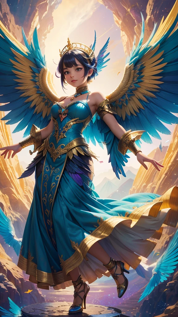 The image depicts a vibrant and fantastical scene featuring a young female character with oversized, avian-inspired wings reminiscent of a majestic raptor. She is designed in a charming 3-heads tall chibi style, her face radiating the innocence and beauty of a delicate girl. Dressed in an elaborate outfit adorned with golden and blue elements, her attire harmonizes beautifully with the hues of her magnificent wings. The character's pose suggests she is either levitating or joyfully soaring through the air. The background is enriched with swirling patterns that mirror the colors of her attire and wings, creating a sense of dynamic motion and energy. The overall atmosphere is magical and uplifting, evoking themes of freedom, exuberance, and a sense of wonder in this enchanting setting.