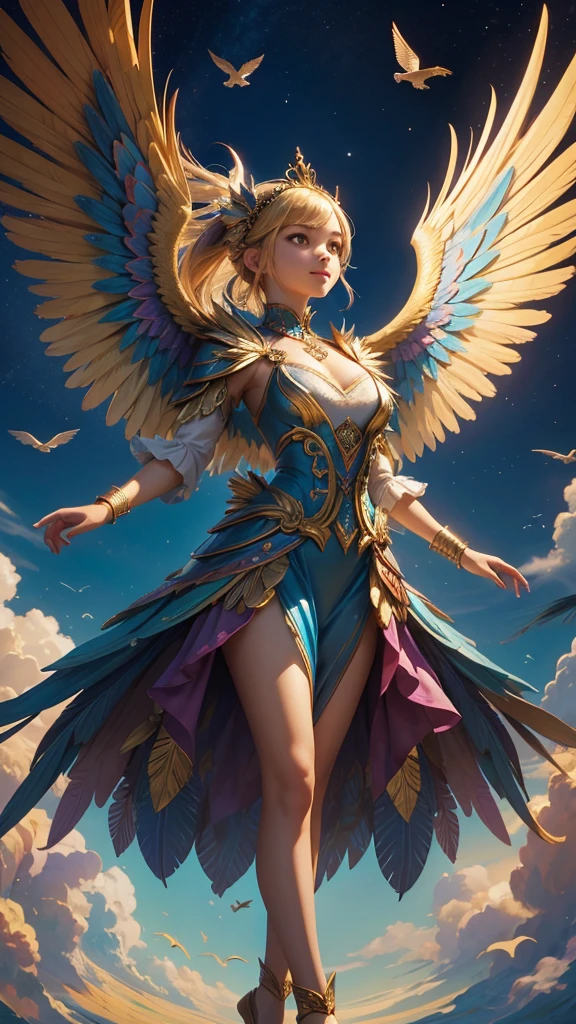 The image depicts a vibrant and fantastical scene featuring a young female character with oversized, avian-inspired wings reminiscent of a majestic raptor. She is designed in a charming 3-heads tall chibi style, her face radiating the innocence and beauty of a delicate girl. Dressed in an elaborate outfit adorned with golden and blue elements, her attire harmonizes beautifully with the hues of her magnificent wings. The character's pose suggests she is either levitating or joyfully soaring through the air. The background is enriched with swirling patterns that mirror the colors of her attire and wings, creating a sense of dynamic motion and energy. The overall atmosphere is magical and uplifting, evoking themes of freedom, exuberance, and a sense of wonder in this enchanting setting.