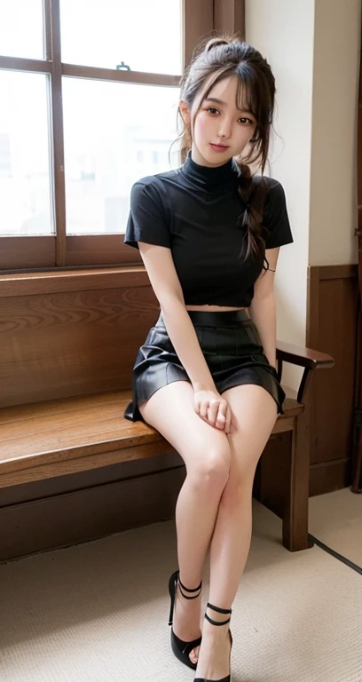 30 years old, (bright eyes, blush, glossy lips), warm smile, (((thick legs, small waist, wide hips)))