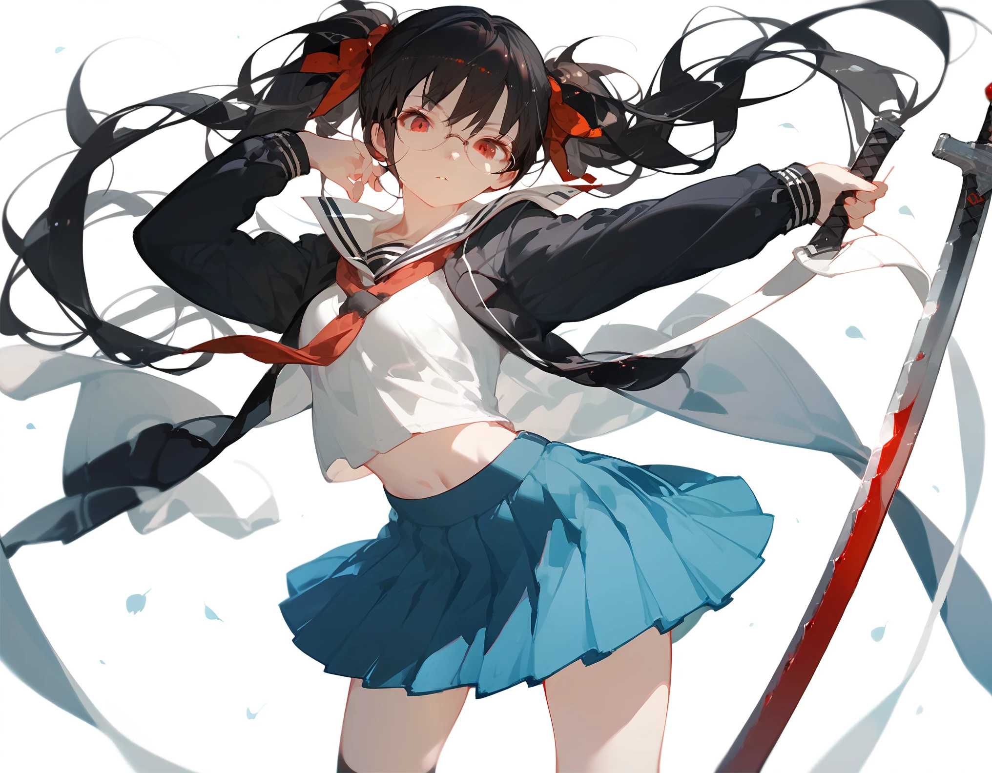 1girl .long hair,looking at viewer,skirt,black hair,red eyes,holding sword,twintails,school uniform,weapon,pleated skirt,glasses,serafuku,socks