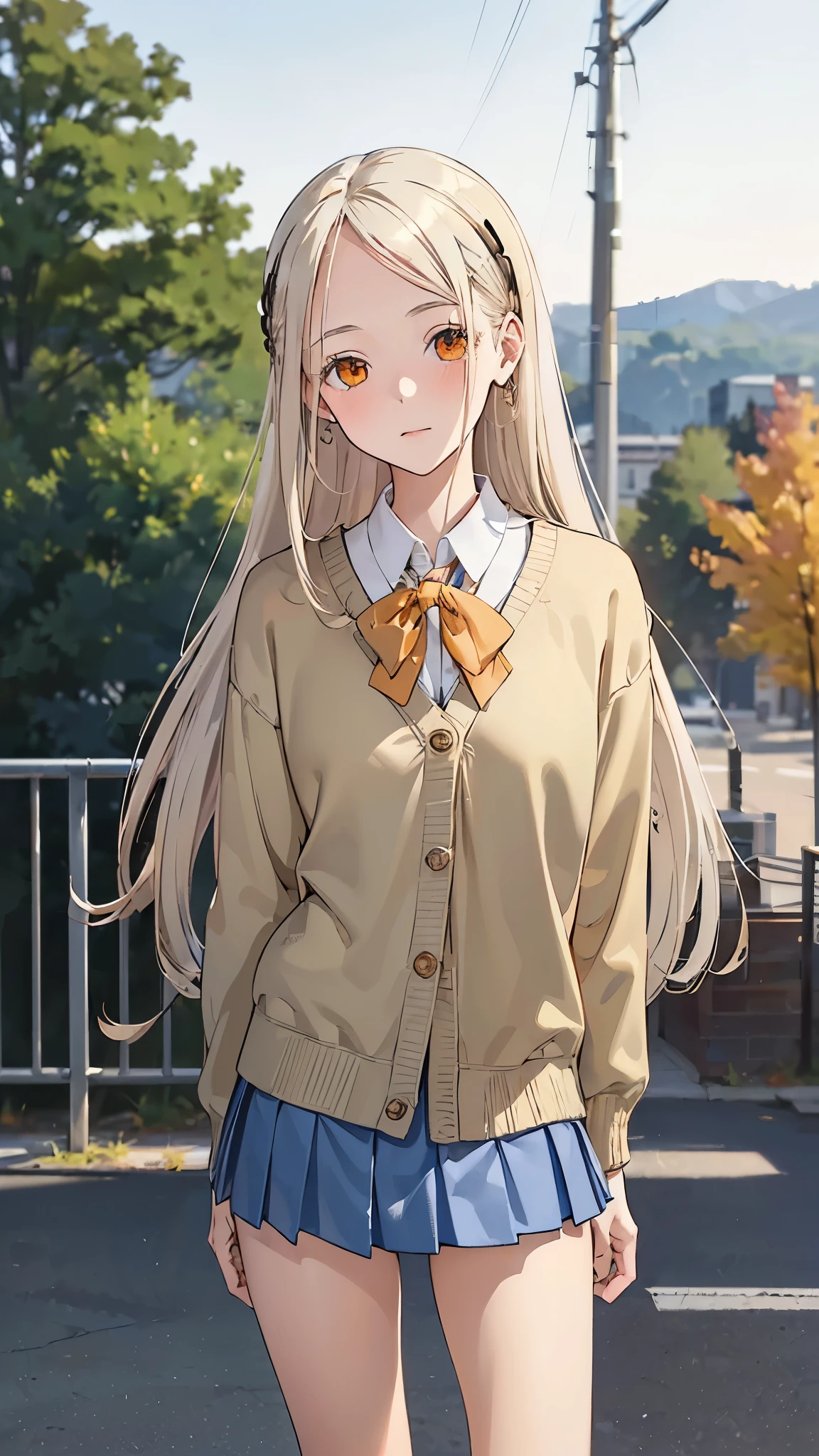 masterpiece, ultra detailed, 8k portrait, RAW photo, portrait photography, Highly detailed face, beautiful and meticulous eyes, (amber color eyes:1.5), (blush:1.5), (tilt one's head:1.5), (standing by the high school:1.5), outdoor, (high school uniform and blue mini skirt:1.7), wearing beige cardigan, cute girl, (platinum blond hair:1.5), (platinum blond colored eyelash:1.5), (medium hair:1.0), (parted bangs:1.5), (hairpin1.5), (sleepy face:1.0), young girl, 1girl, beauty girl, pretty girl, 159cm, 41kg, (skinny:1.5), 