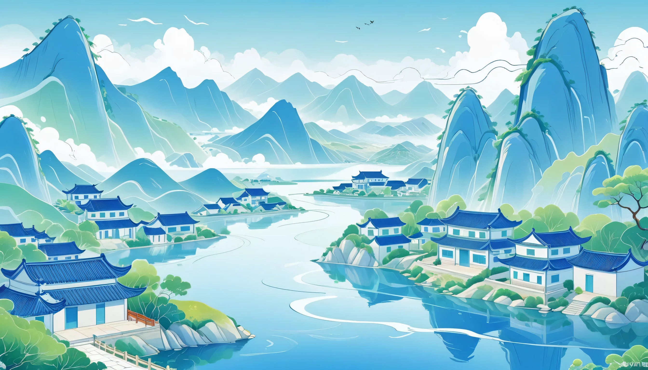 Mainly line illustrations，Simple and Flat，There are many houses in Chinese towns，The mountains are green，The water in the distance is blue，Vibrant，Depth