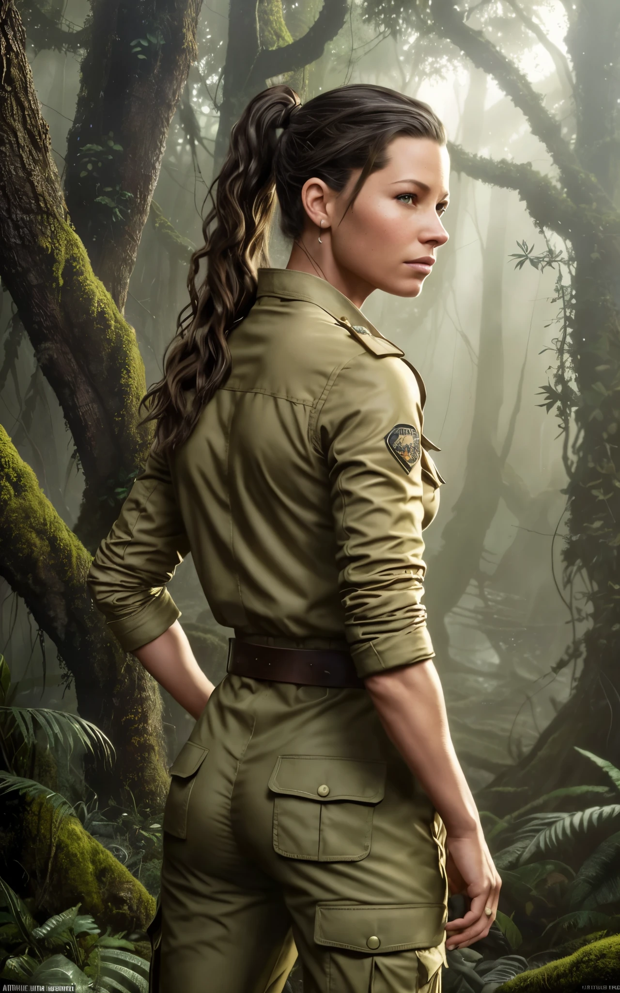 (Evangeline Lilly:Alicia Vikander) ponytail, Explorer in the jungle, white shirt, green jacket, beige cargo pants, year 1925, Lovecraft atmosphere, dark atmosphere, masterpiece, hyperdetailed, trending on artstation, sharp focus, golden ratio, 4k resolution. Digital art, in the style of Luis Royo:Boris Vallejo.