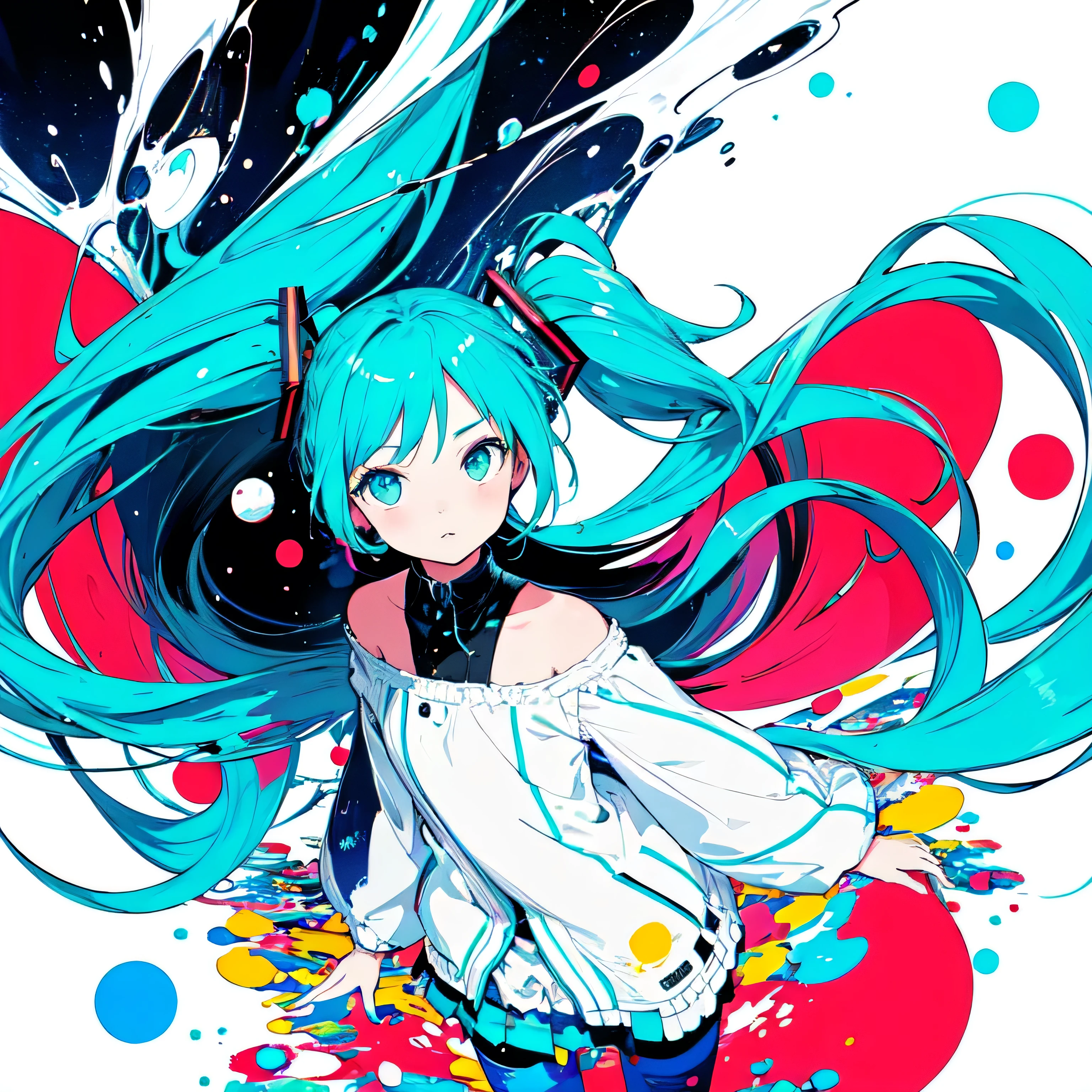 (masterpiece of the highest quality:1.3), (Flat Color:1.3),(colorful:1.3),A girl looking at the viewer,Alone,floating colorful water,(2D:1.3), Hatsune Miku,