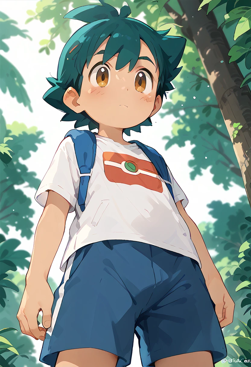 ash ketchum, shota, boy, cute, solo, camp, Low angle shot