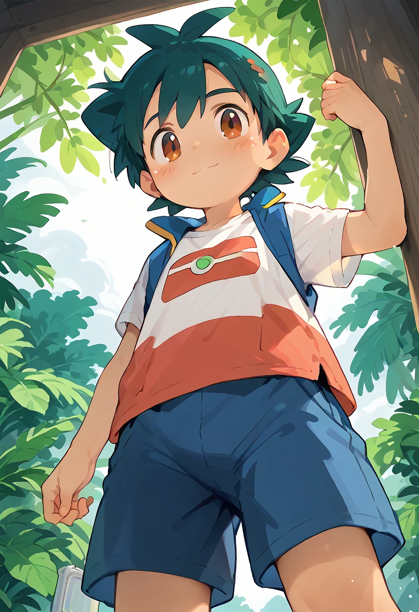 ash ketchum, shota, boy, cute, solo, camp, Low angle shot