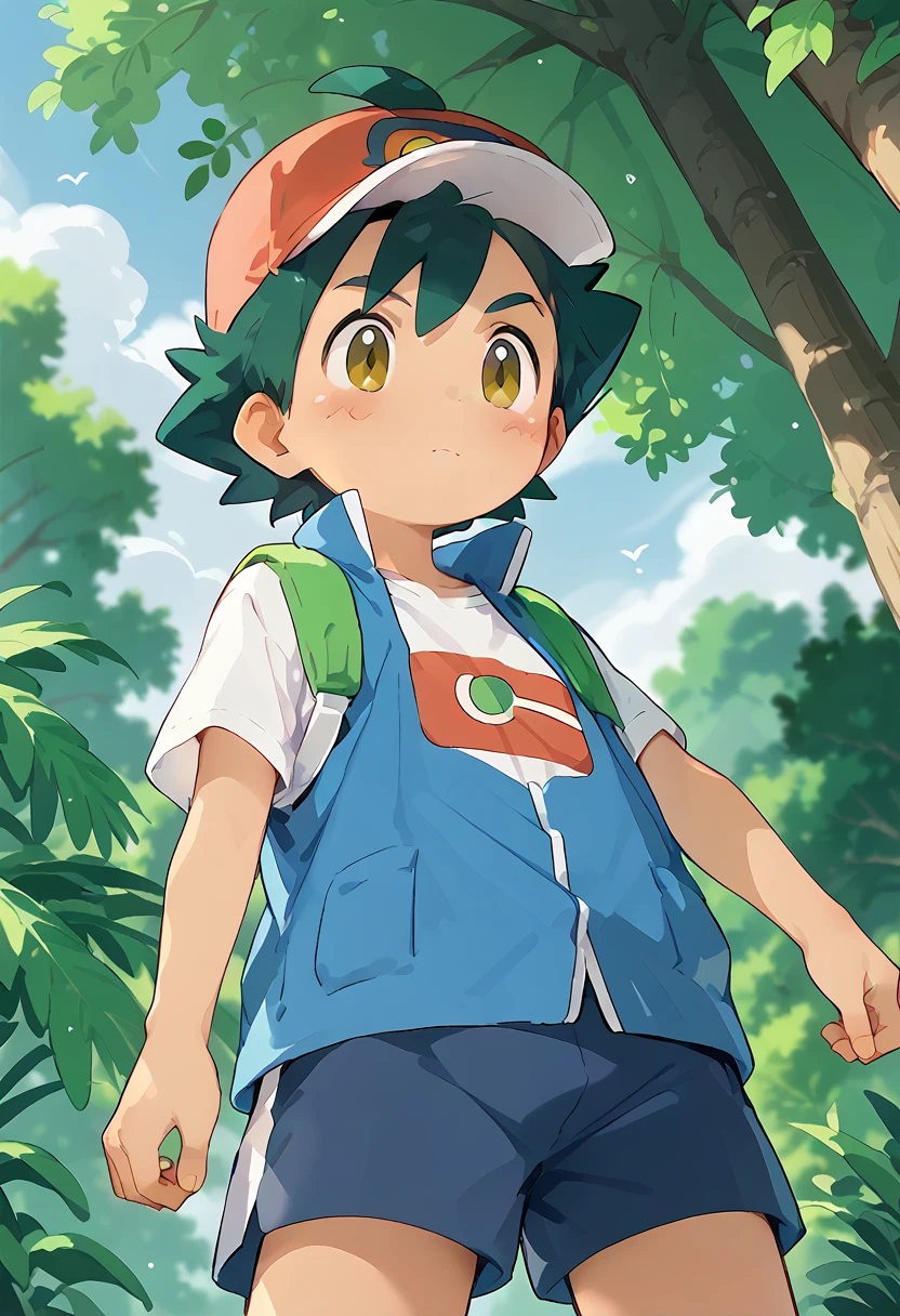 ash ketchum, shota, boy, cute, solo, camp, Low angle shot