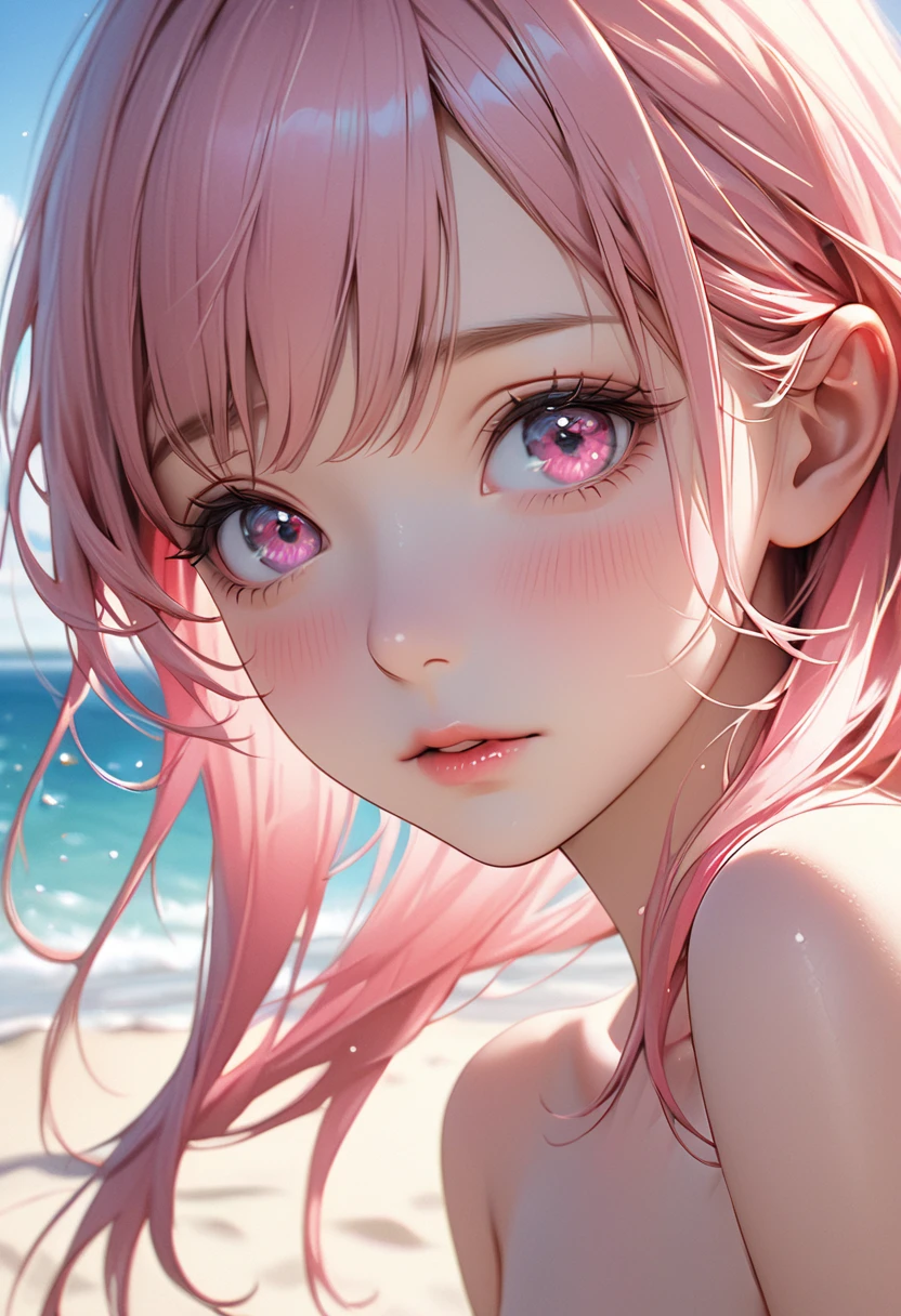 1girl, (white bikini),pink long hair,beach, detailed face, detailed eyes, small breasts, shiny skin, looking at the audience, (8k, RAW photo, best quality, masterpiece: 1.2), (realistic, realistic: 1.37), ultra-high resolution