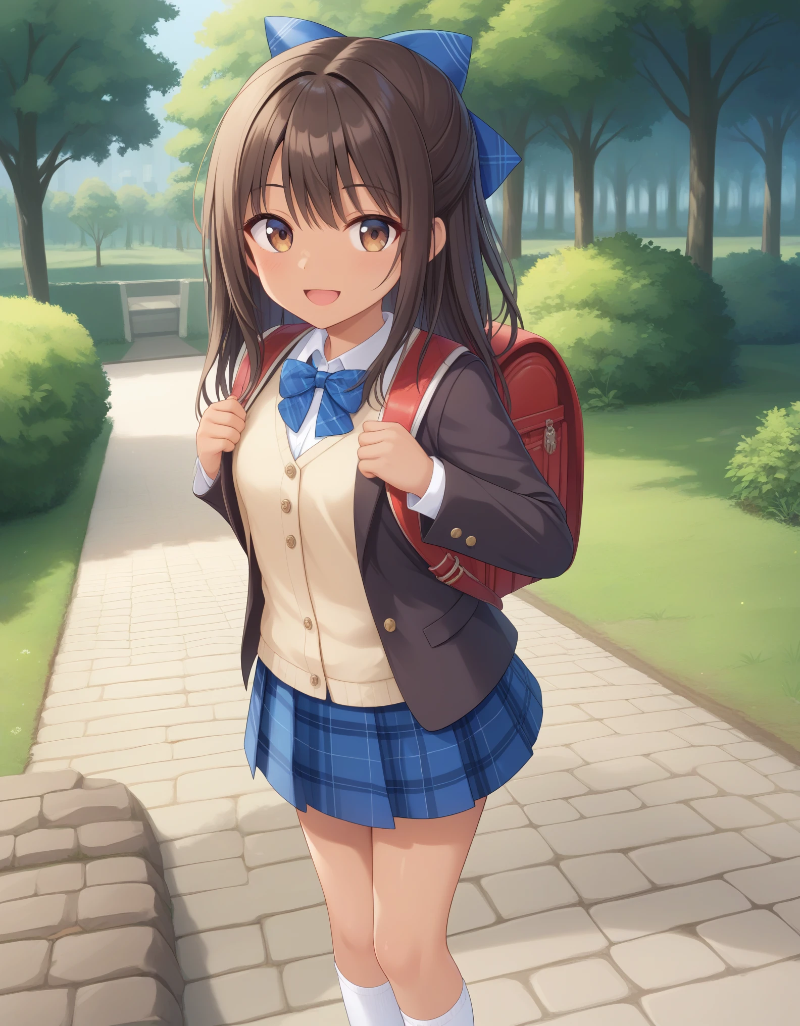 best quality,masterpiece,   4k, best quality 
1girl, solo, brown hair, brown eyes, long hair, blue hair ribbon, bang, dark brown blazer, tan color vest , white collared shirt, blue bowtie, blue plaid skirt, opened jacket, white socks,hair bow, standing,smile ,cowboy shot,  looking at viewer, outdoor, park, wearing randoseru backpack, red backpack 
