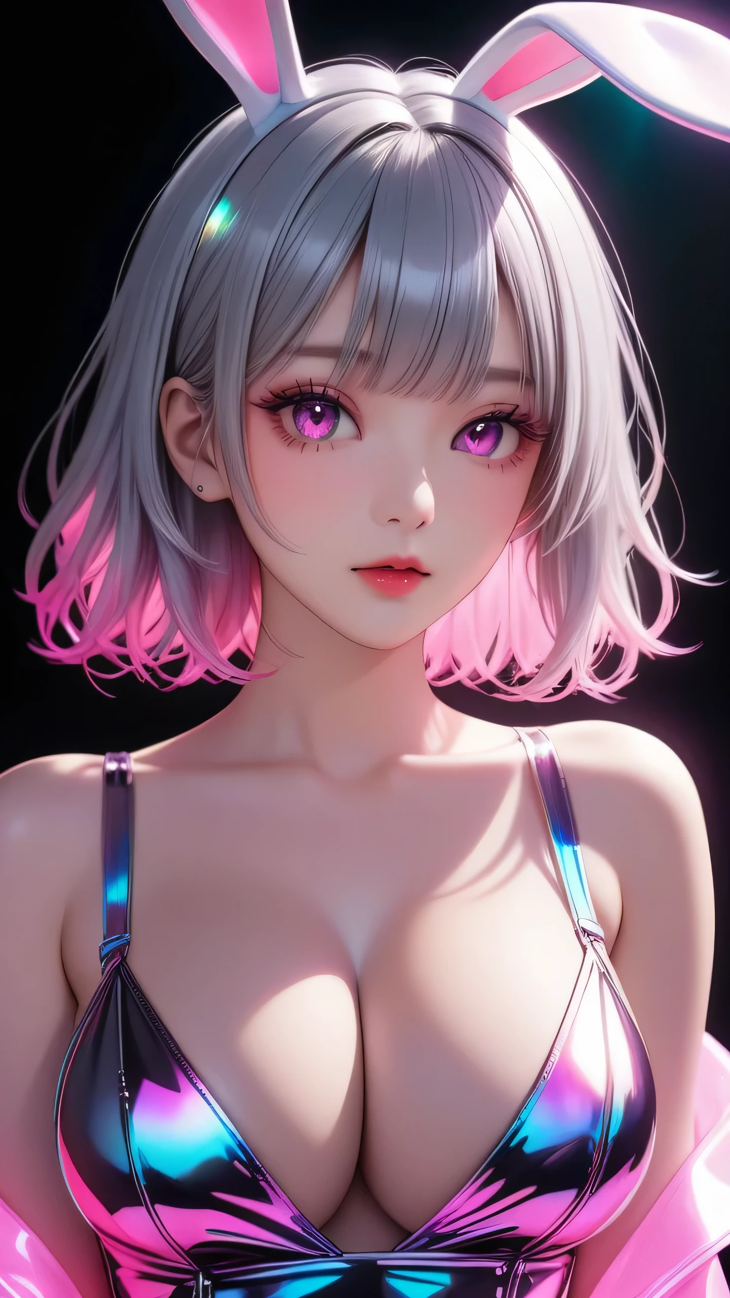 One girl, Medium Hair, silver hair, Pink long dress, pink Bunny ears , She has large expressive pink eyes,Backlight, Black Light, Beautiful fine details, Beautiful lip detail, Beautifully detailed face, Long eyelashes, Glowing Skin, Mysterious, Mysterious, Surreal, Dramatic lighting, neon, UV rays, psychedelic, Vibrant colors, High resolution, Cinematic, Atmospheric, Harajuku Fashion Akihabara, Transparent color PVC clothing, Transparent Color Vinyl Clothing, Prismatic, Holographic, chromatic aberration, Colorful gradient, big breasts, cleavage, solid black background,