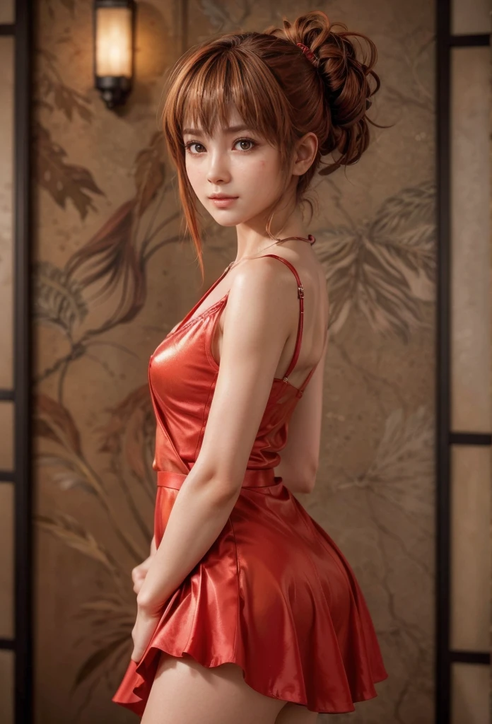 Kasumi, brown eyes, (best quality, ultra detail), (realistic:1.37), beautiful and detailed face, ultra-realistic texture, Delicate face, delicate body, red lipstick, bright colors. high definition, 8K, with a sexy and seductive expression