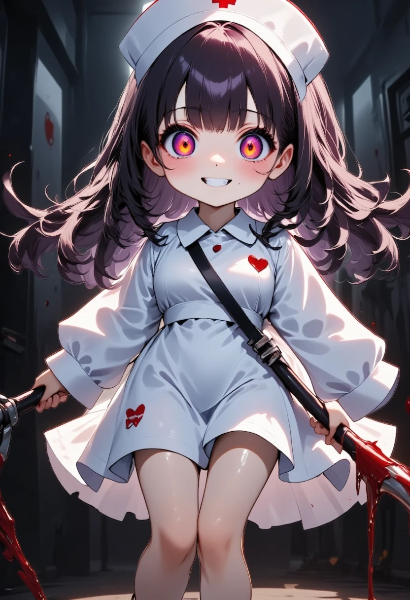 1girl,scary,chibi,bloody sword right hand,