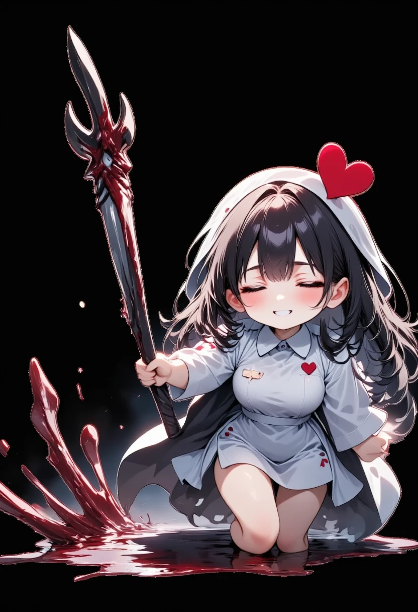 1girl,scary,chibi,bloody sword right hand,