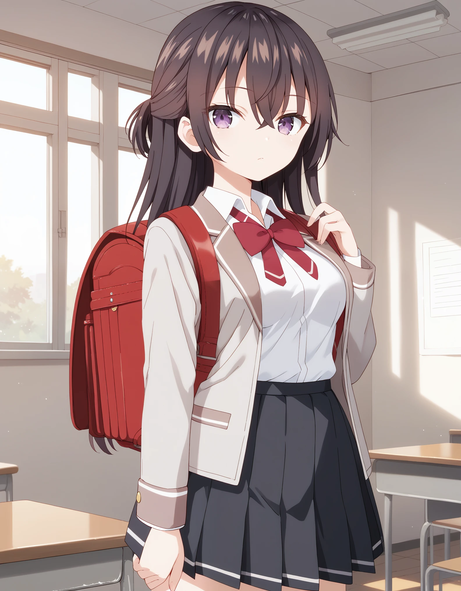 Masterpiece, hd, best quality, 1girl, yukisuou, long hair, bangs, brown hair, black hair, hair between eyes, purple eyes, half updo , medium breasts, shirt, bow, school uniform, jacket, white shirt, collared shirt,red bow tie, red bow, jacket, red bow tie, black skirt, pleated skirt, standing, indoor, classroom, looking at viewer, undefined, alone, cowboy shot, wearing randoseru backpack, red backpack 