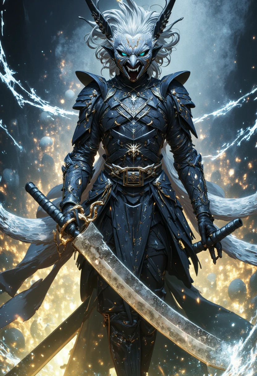 a man using intricate japanese armor mix with cyberpunk vibes, cinematic, Visual impact, dynamic lighting, full oni mask, dark aura, flowing water