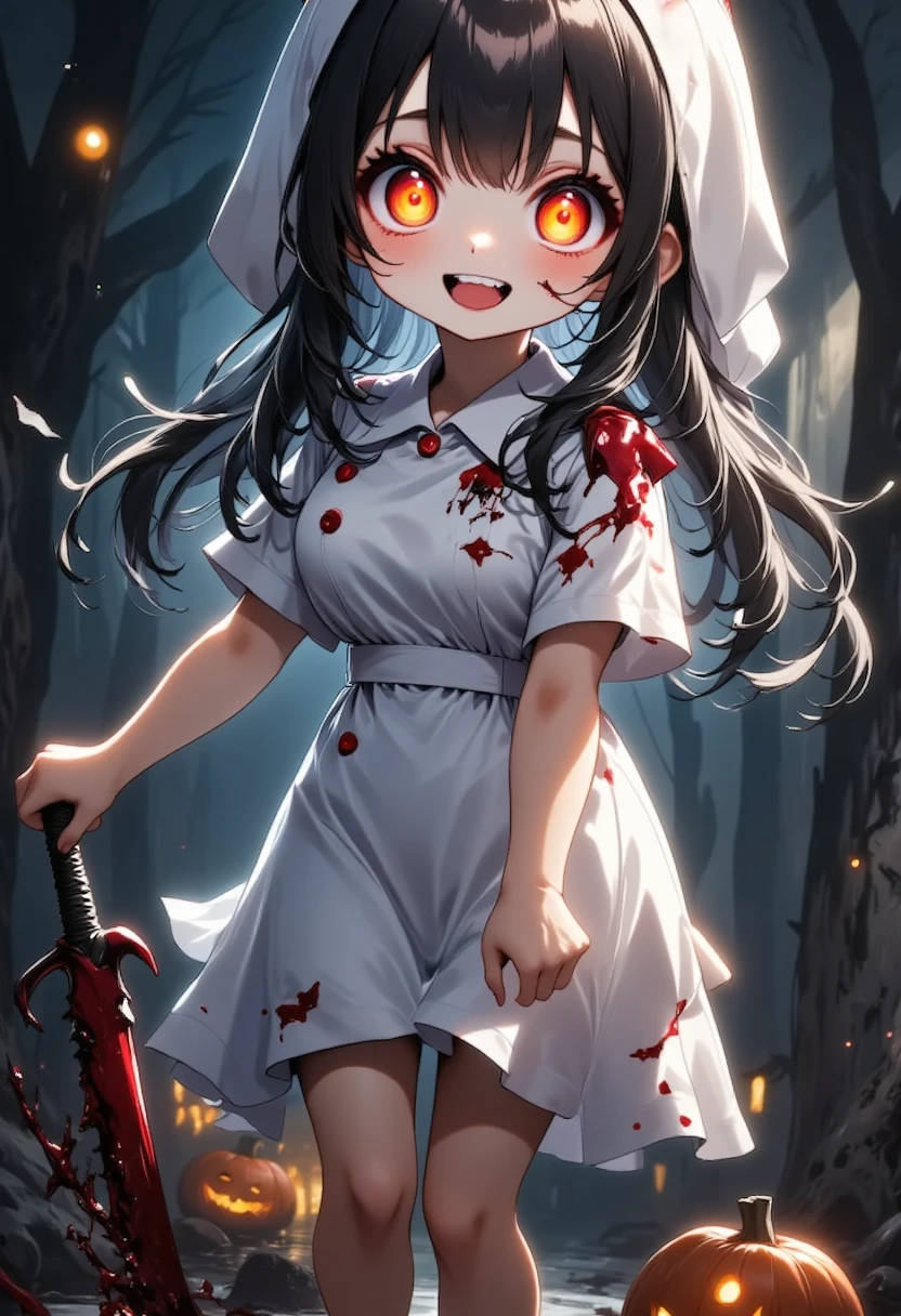 1girl,scary,chibi,bloody sword right hand,halloween design