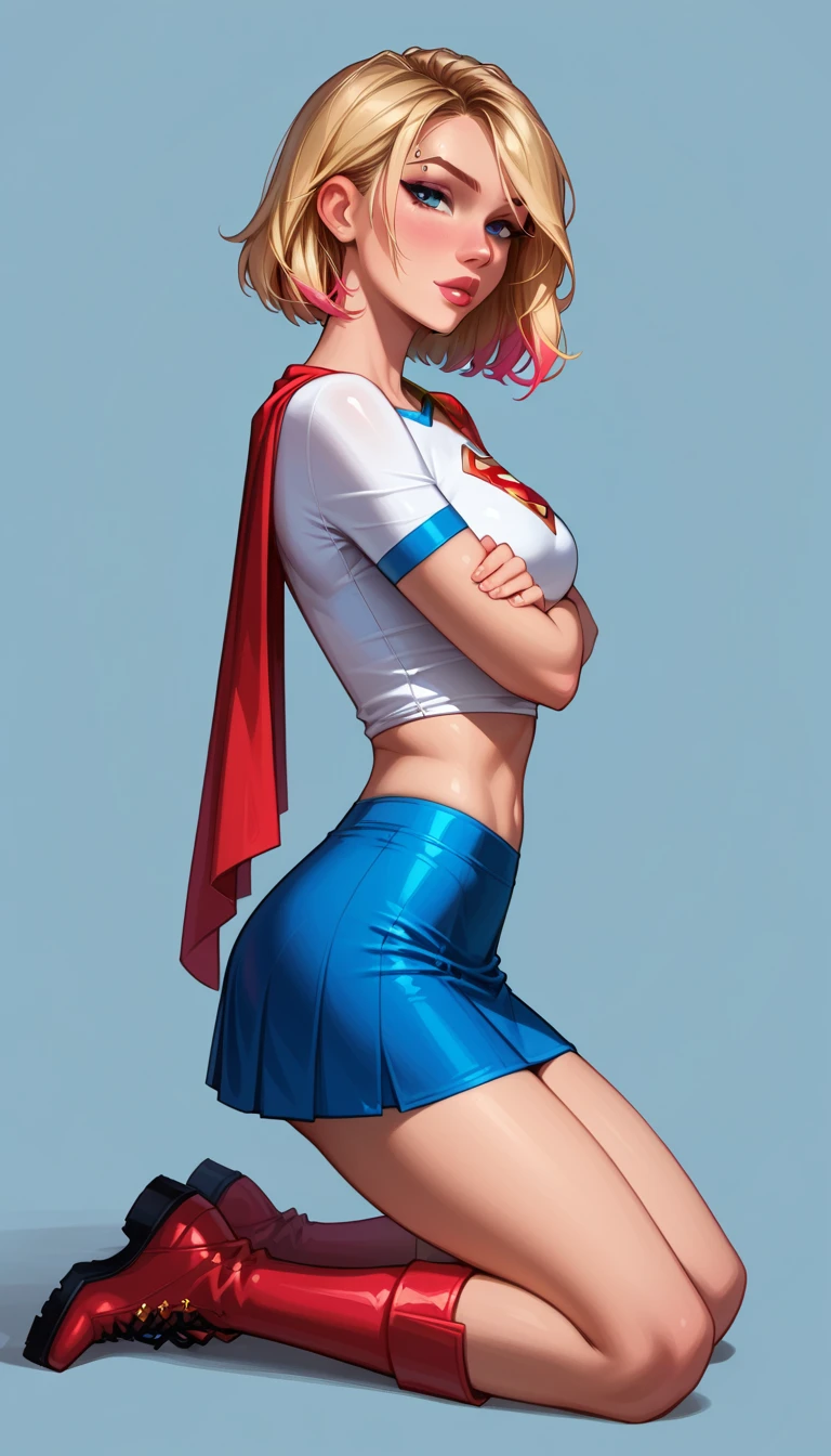 score_9, score_8_up, score_7_up, 1girl, (short hair Gwen Stacy, blonde, colorful highlights, wearing Supergirl costume, tight white tshirt, short sleeves, midriff, Supergirl emblem, blue skirt, tight skirt, short skirt, red cape, short cape, red boots:1.3) flirt, gaze, sexy look, half-closed eyes, head tilt, filled lips, thick lips, makeup, side view, kneeling, sexy pose, (full body in view) expressiveh d4rk01l, perfect hands, perfect proportions, simple background.