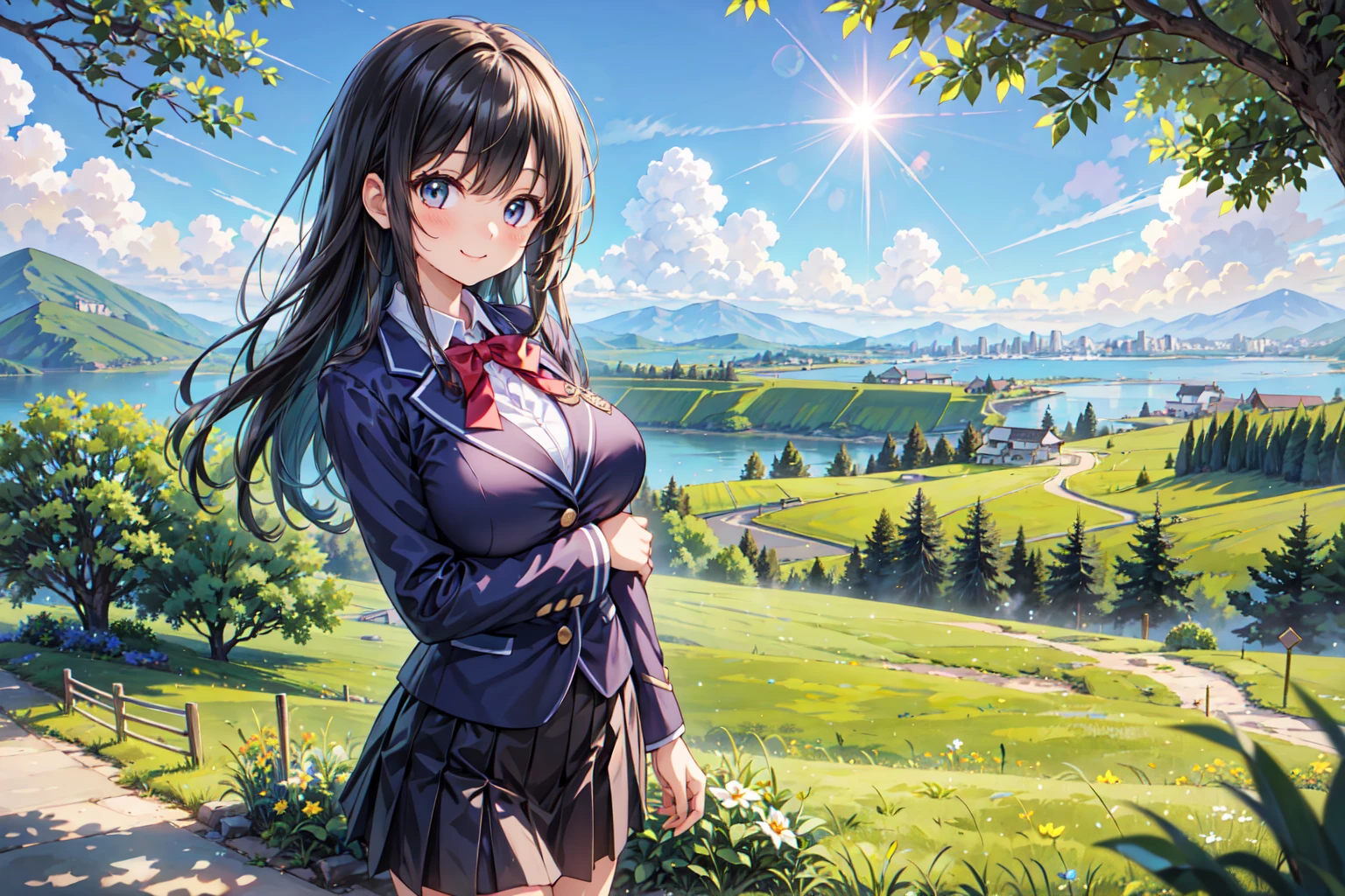 (((Masterpiece, 16k, Highest quality, Ultra-high resolution, Depth of subject))), ((Very detailed, Japanese countryside scenery)), (((High school girl in blazer uniform, 2 people, skirt, Big Breasts))), ((Beautiful girl in great detail, Very accurate body structure, Very precise body movements, Very cute smile)), On the way home, 3pm, A peaceful landscape with a view of the sea, Warm sunshine, Grass Park, chat, We love each other, Touching each other&#39;s breasts, Naughty feelings, The love is unstoppable, hug, Very accurate perspective