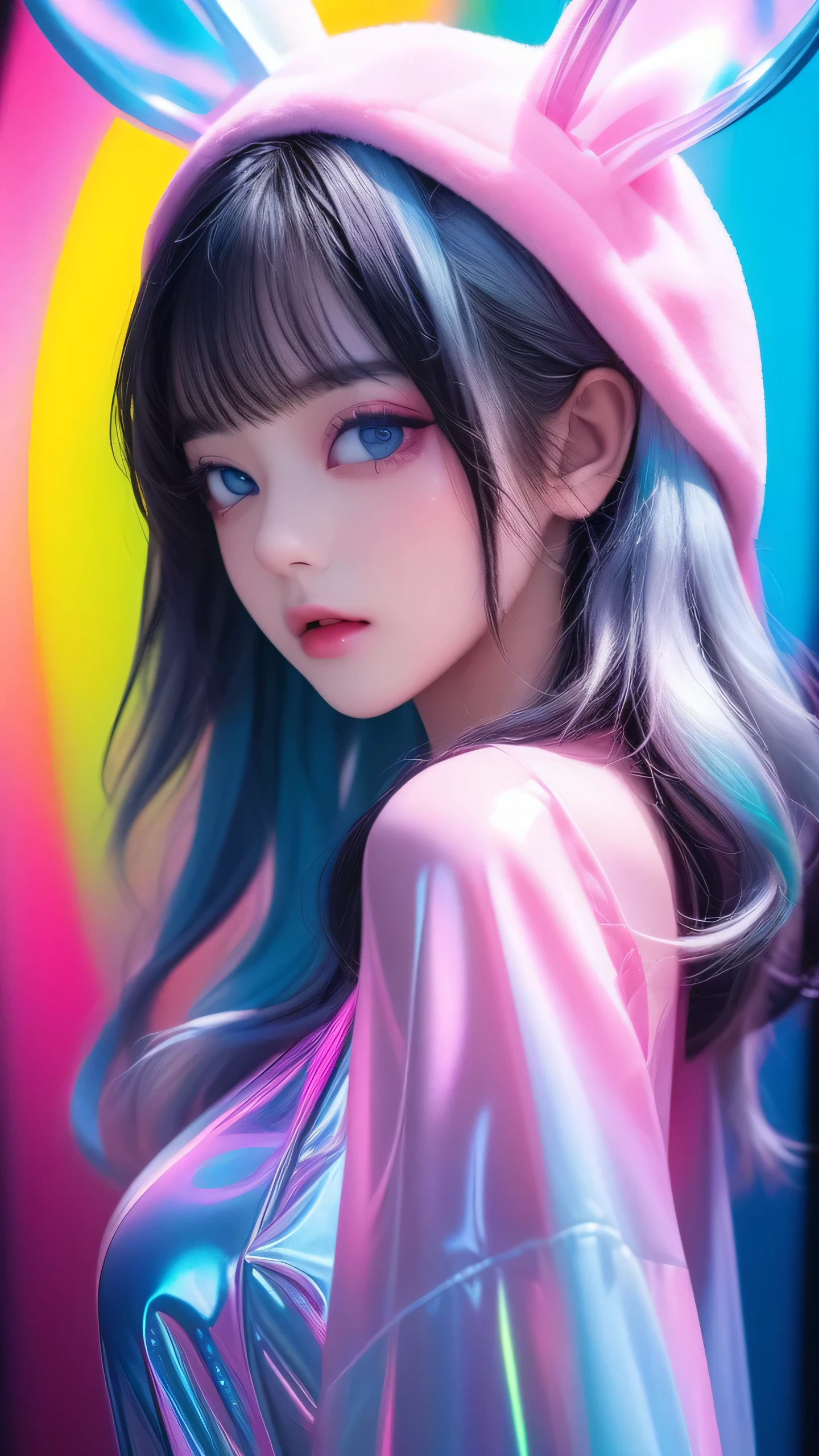 One girl, Medium Hair, silver hair, Pink long dress, pink Bunny ears , She has large expressive pink eyes,Backlight, Black Light, Beautiful fine details, Beautiful lip detail, Beautifully detailed face, Long eyelashes, Glowing Skin, Mysterious, Mysterious, Surreal, Dramatic lighting, neon, UV rays, psychedelic, Vibrant colors, High resolution, Cinematic, Atmospheric, Harajuku Fashion Akihabara, Transparent color PVC clothing, Transparent Color Vinyl Clothing, Prismatic, Holographic, chromatic aberration, Colorful gradient, big breasts, cleavage, solid black background,
