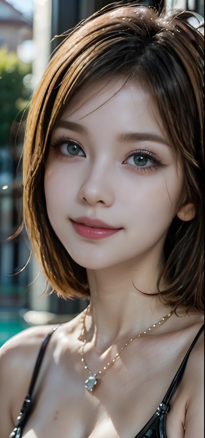 ((Tabletop, Best Quality, High resolution, NFFSW, Pixel perfect, Written boundary depth, 4K, NFFSW, NFFSW))), 1 girl, single, Alone, Beautiful Anime Girls, Beautiful art style, Anime characters, ((Curl your hair outwards, bangs, Brown Hair)), ((Green Eyes:1.4, Round eyes, Beautiful eyelashes, Realistic eyes)), ((Detailed face, :1.2)), ((Smooth texture:0.75, Realistic texture:0.65, Realistic:1.1, Anime CG Style)), Dynamic Angle, ((Black shiny patterned micro bikini, Stylish, 1 diamond necklace)), smile, Hotel swimming pool ,evening