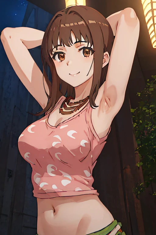 best quality, masterpiece, highres, solo, {itsuwa_toarumajutsunoindex:1.15}, brown_eyes, brown_hair, short_hair, 1girl, jewelry, necklace, long_hair, looking_at_viewer, close_mouth, upper_body, anime_coloring, shirt, contrapposto, spread armpit, arms behind head, solo, forest, night, smile,