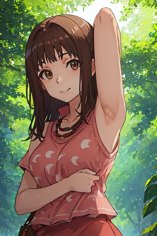 best quality, masterpiece, highres, solo, {itsuwa_toarumajutsunoindex:1.15}, brown_eyes, brown_hair, short_hair, 1girl, jewelry, necklace, long_hair, looking_at_viewer, close_mouth, upper_body, anime_coloring, shirt, contrapposto, spread armpit, arms behind head, solo, forest, night, smile,