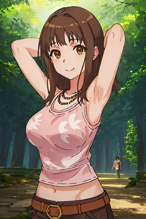 best quality, masterpiece, highres, solo, {itsuwa_toarumajutsunoindex:1.15}, brown_eyes, brown_hair, short_hair, 1girl, jewelry, necklace, long_hair, looking_at_viewer, close_mouth, upper_body, anime_coloring, shirt, contrapposto, spread armpit, arms behind head, solo, forest, night, smile,