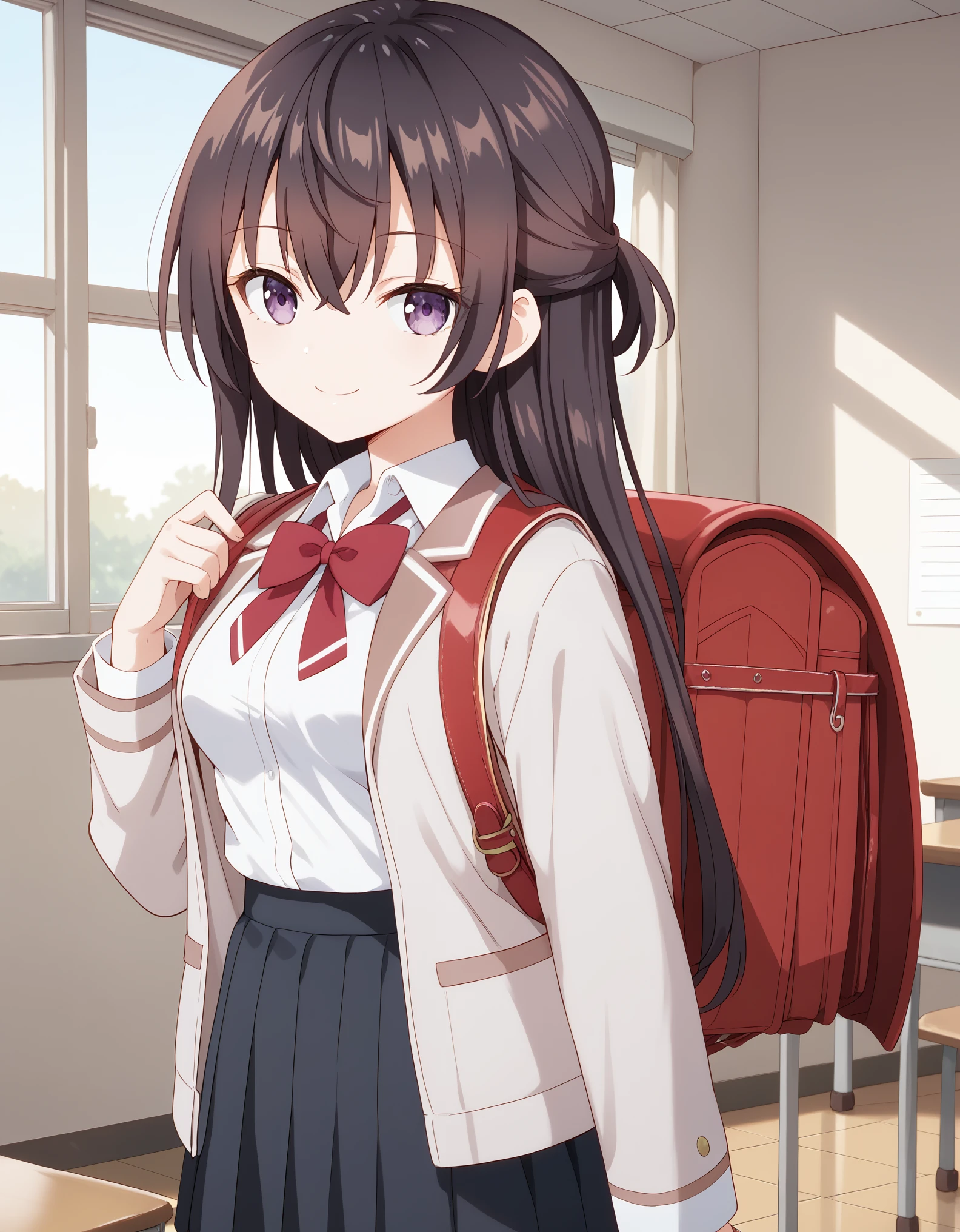 Masterpiece, hd, best quality, 1girl, yukisuou, long hair, bangs, brown hair, black hair, hair between eyes, purple eyes, half updo , medium breasts, shirt, bow, school uniform, jacket, closed jacket, white shirt, collared shirt,red bow tie, red bow, jacket, red bow tie, black skirt, pleated skirt, standing, indoor, classroom, looking at viewer, undefined, alone, cowboy shot, wearing randoseru backpack, red backpack, smile