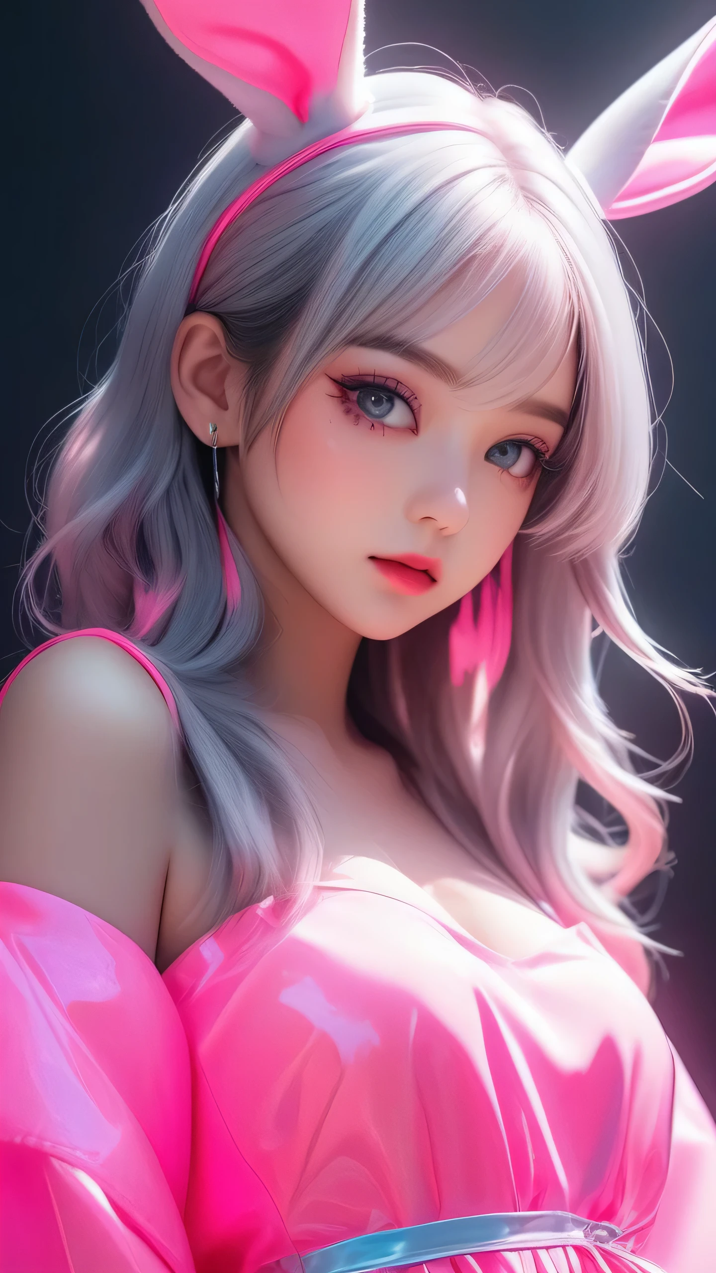 One girl, Medium Hair, silver hair, Pink long dress, pink Bunny ears , She has large expressive pink eyes,Backlight, Black Light, Beautiful fine details, Beautiful lip detail, Beautifully detailed face, Long eyelashes, Glowing Skin, Mysterious, Mysterious, Surreal, Dramatic lighting, neon, UV rays, psychedelic, Vibrant colors, High resolution, Cinematic, Atmospheric, Harajuku Fashion Akihabara, Transparent color PVC clothing, Transparent Color Vinyl Clothing, Prismatic, Holographic, chromatic aberration, Colorful gradient, big breasts, cleavage, solid black background,
