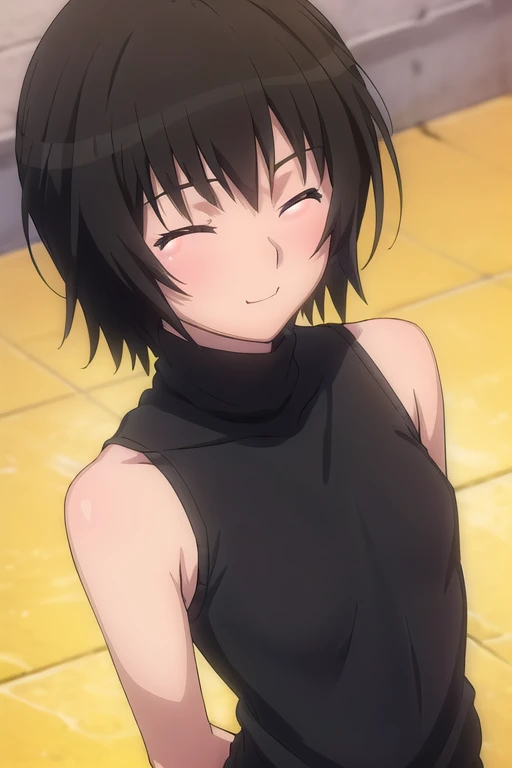 alone, 1 personGirl, Girl,looking at viewer, 2D, anime, anime coloring, ai nanasaki,Black sleeveless sweater,Around town, Staring at the audience,Black turtleneck, arm behind back,small breasts, face on focus, upper body, from above,happiness/Closed eyes, pout, Gaze, Blushing, happiness/joy, 