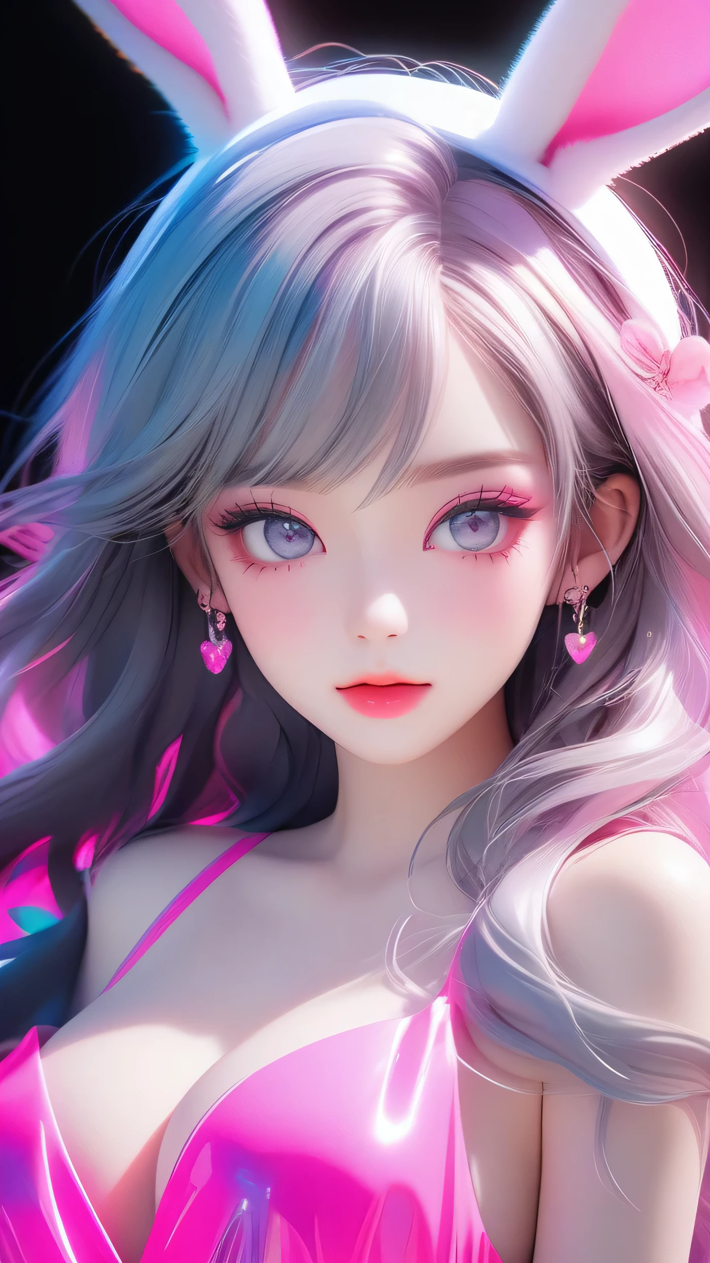 One girl, Medium Hair, silver hair, Pink long dress, pink Bunny ears , She has large expressive pink eyes,Backlight, Black Light, Beautiful fine details, Beautiful lip detail, Beautifully detailed face, Long eyelashes, Glowing Skin, Mysterious, Mysterious, Surreal, Dramatic lighting, neon, UV rays, psychedelic, Vibrant colors, High resolution, Cinematic, Atmospheric, micro bikini, Transparent color PVC clothing, Transparent Color Vinyl Clothing, Prismatic, Holographic, chromatic aberration, Colorful gradient, big breasts, cleavage, solid black background,