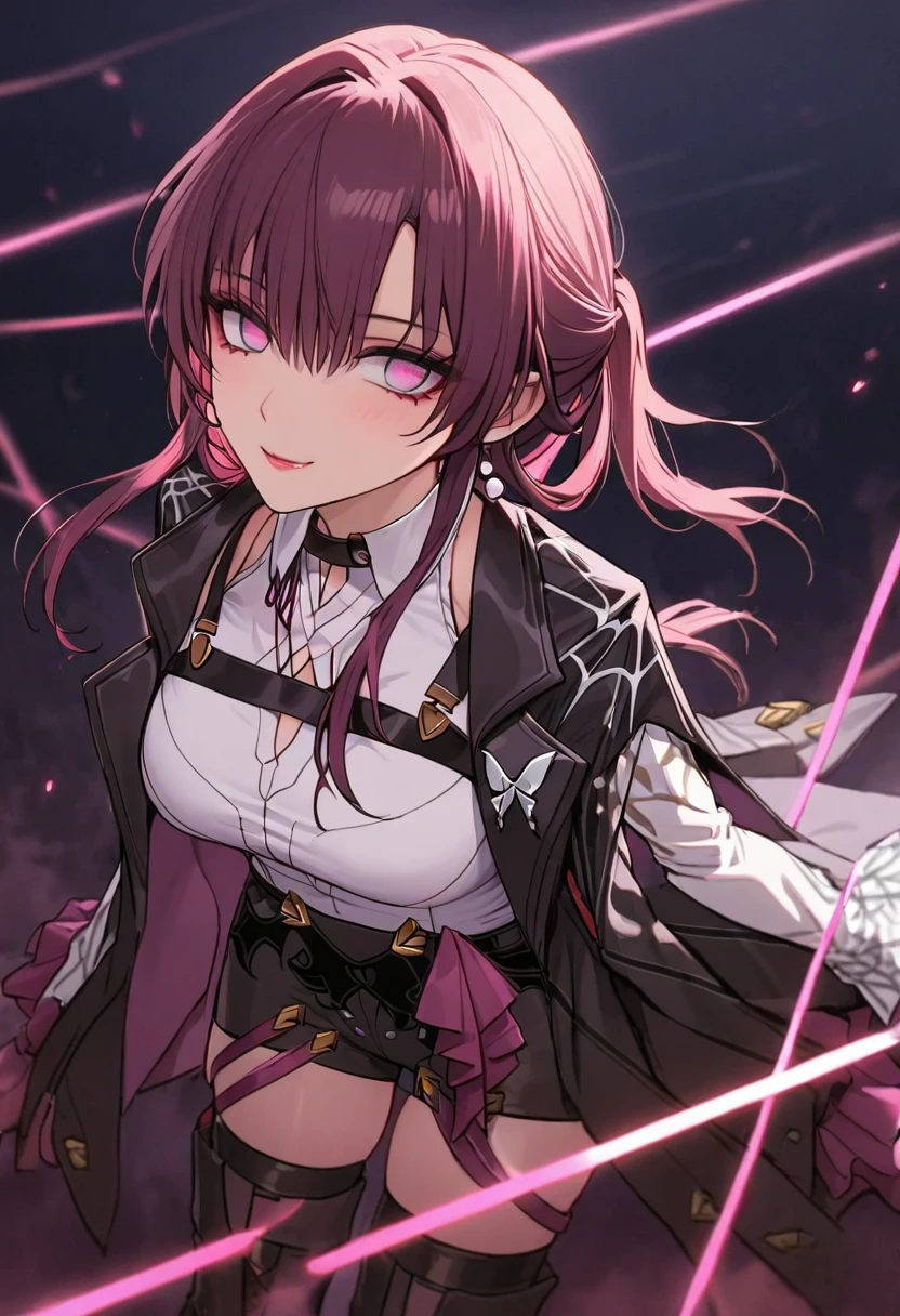 a woman wearing a french coat, shirt and tie, short skirt, black stockings, and boots, hands in pockets, beautiful detailed eyes, beautiful detailed lips, extremely detailed eyes and face, long eyelashes, 8k, high quality, cinematic lighting, elegant, fashionable, moody atmosphere, dramatic lighting, elegant pose, kafka_\(honkai:_star_rail\)
