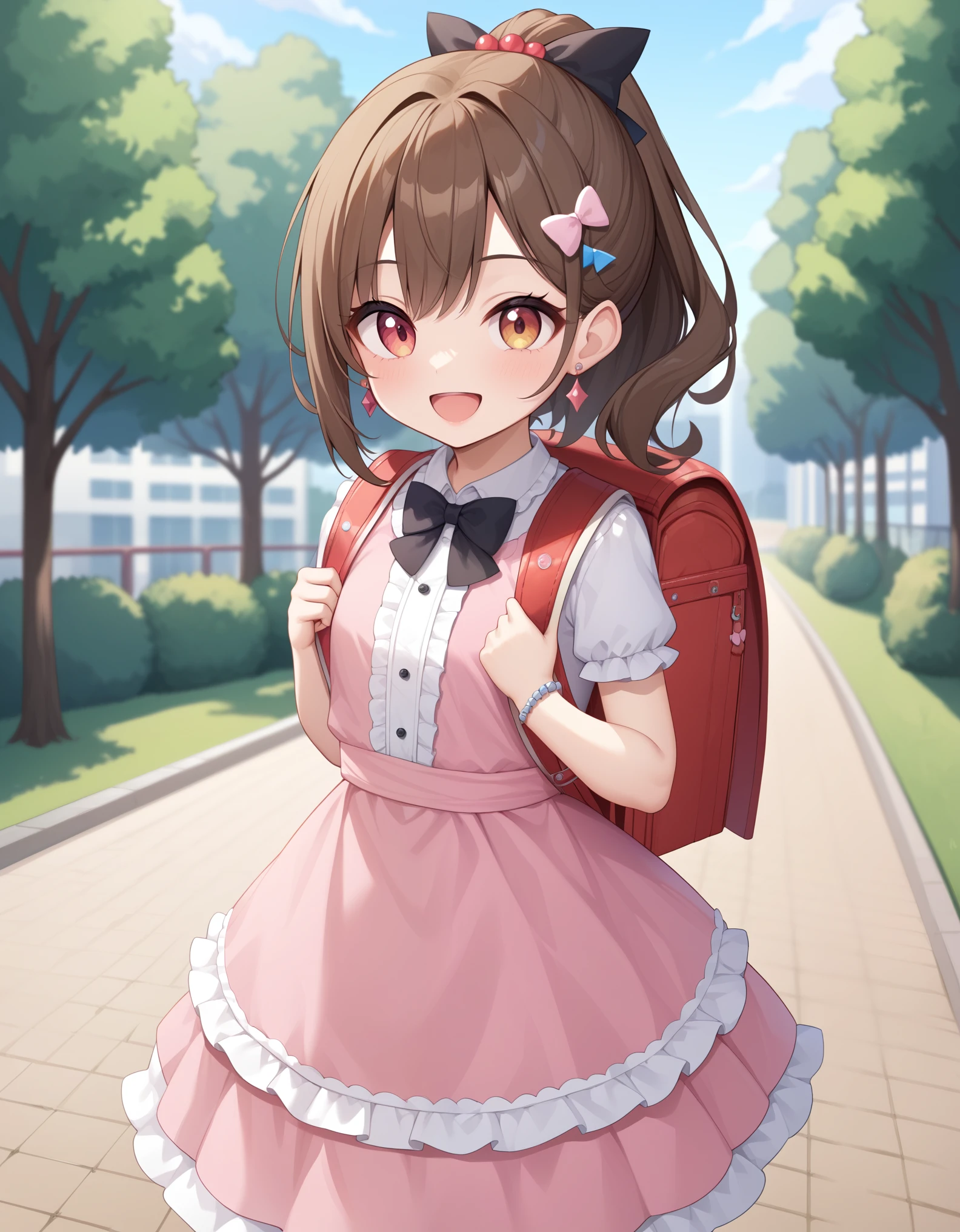 Masterpiece, hd, 1girl, best quality, brown hair, medium hair, ponytail, hair ribbon, earrings, jewelry, wearing  dress, (party dress:1.2), cute dress, frilly dress, short sleeves, bowtie, hair ornaments, smile, happy, standing, outdoor, park, daytime, wearing red backpack, school backpack, (backpack:1.2)