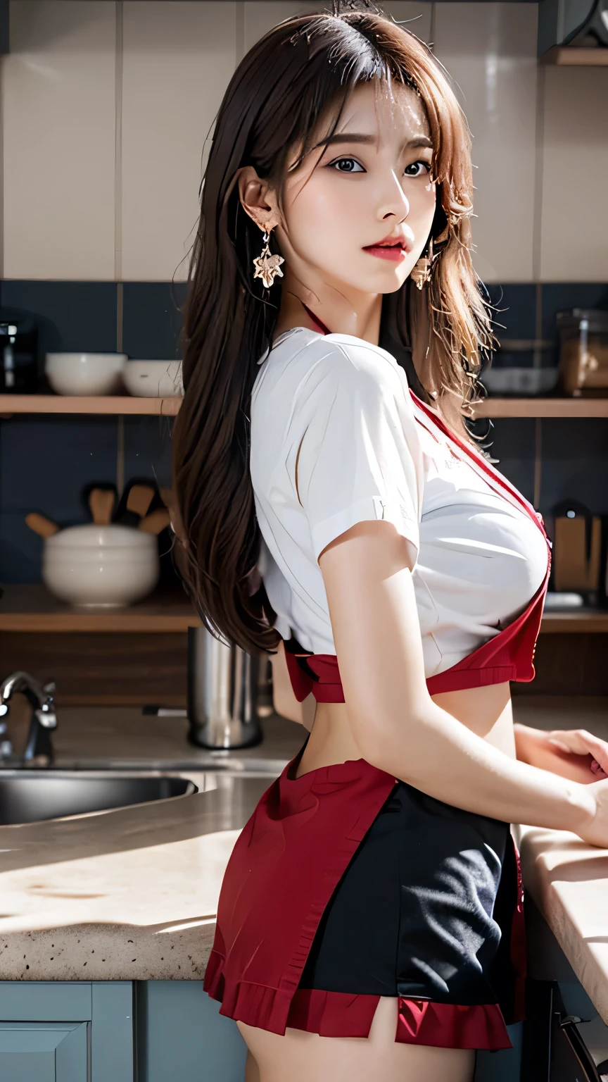 (Best quality, 8k, 32k, Masterpiece, UHD:1.2), (realistic:1.5), (masterpiece, Extremely detailed CG unity 8k wallpaper, best quality, highres:1.2), (ultra detailed, UHD:1.2), hyper sharp focus, Photo of extremely cute and beautiful Korean woman, (Korean idol face:1.3), (mahogany long wavy hair:1.2), adult, (detailed beautiful girl:1.4), best quality, woman, adult, (in the kitchen:1.2), looking at viewer, facing the viewer, ((perfect female body)), (narrow waist:1.05), (cowboy shot), slender, abs, face ring light, face light, detailed human body, (nsfw:1.4), (happy), (lifting a Green starbuks apron to show off naked breast and spread legs to show her pussy:1.4)