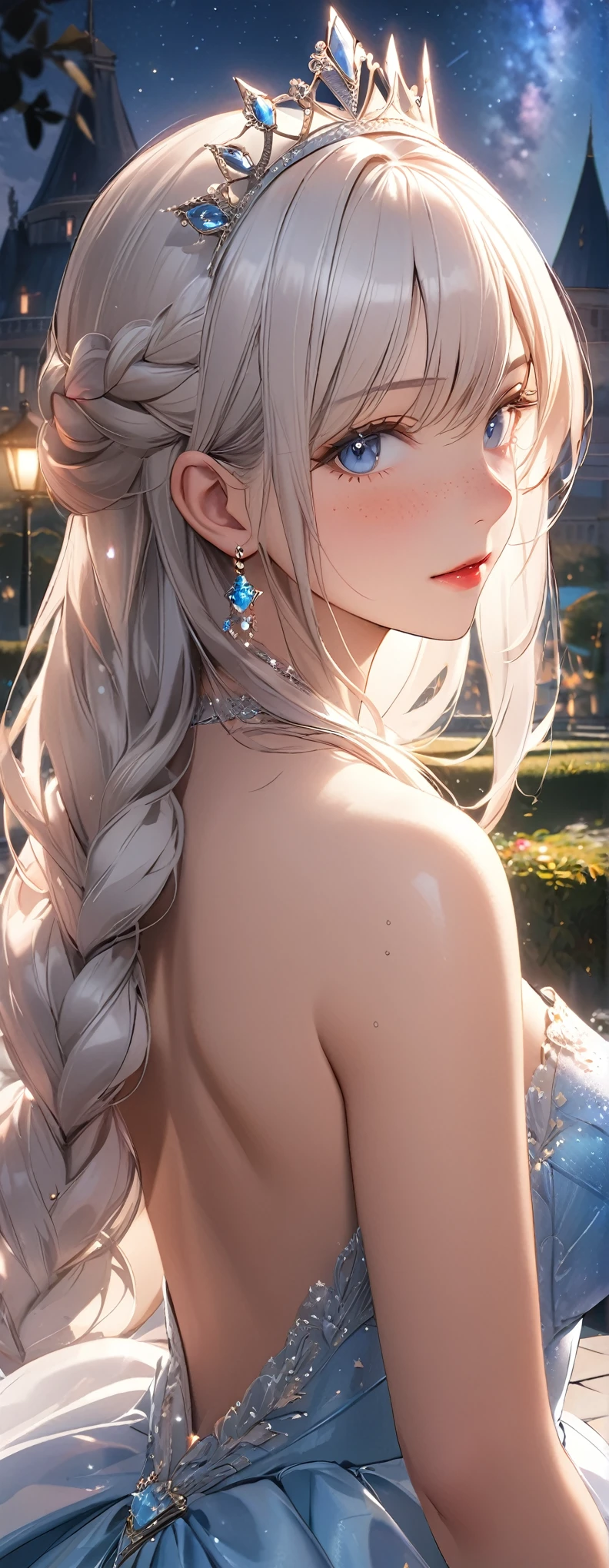 Straight Hair、White Hair, highly detailed braided hair, Princess tiara, ((Highly detailed sexy Princess Gown)), Looks about , (beautiful girl: 1.3),1girl,Highest quality,8k,Highly detailed CG unit wallpaper,masterpiece:1.2,Highest quality,Ultra-high resolution,RAW Photos,Realistic textured skin,Cinema Lighting,enjoy,Big eyes,Detailed eyes,Glossy lipstick,Perfect Makeup,Ultra-high definition beauty face, palace, ancient metropolis, voluptuous,(Big, round and beautifully shaped butt),(Standing in palace gardens),(Panoramic View),night,Detailed night sky, ((pale blue eyes)), freckles