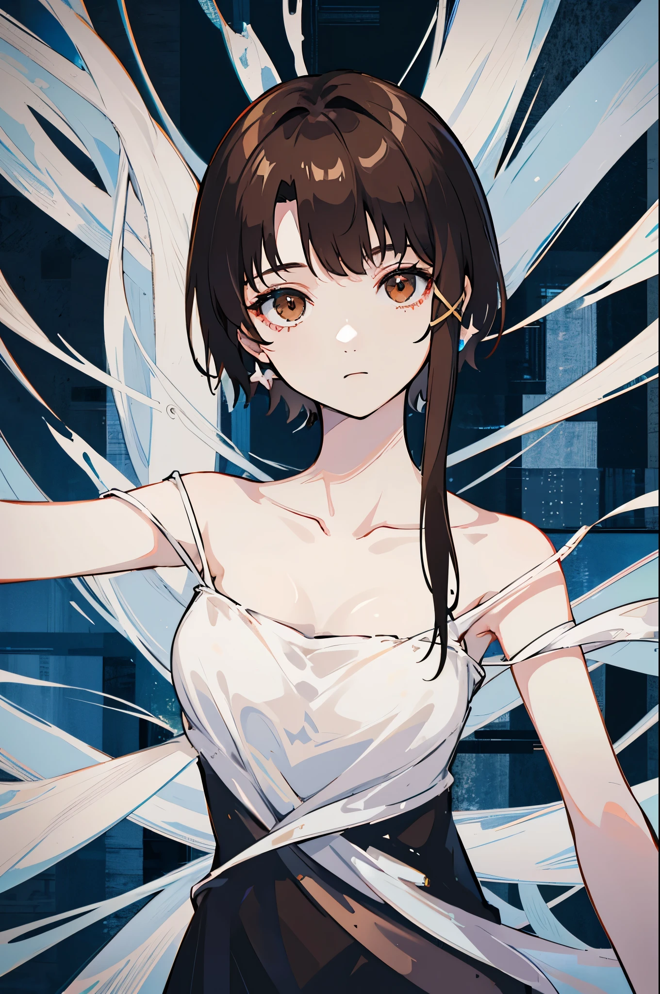 Generate an image of Lain Iwakura with her characteristic asymmetrical hairstyle, where the left side of her hair is longer to cover her ear. She stands in the center of the scene with a neutral expression, her pale skin and brown hair contrasting against a dark, ethereal background. As she moves, she leaves multiple afterimages of herself, as though she is splitting into numerous identical versions. These afterimages gradually become translucent as they trail behind her, forming ghostly figures that appear to merge into and out of her body. The scene conveys a sense of fragmentation, as if she is both part of and separate from the digital world, surrounded by glitch-like effects and faint light trails