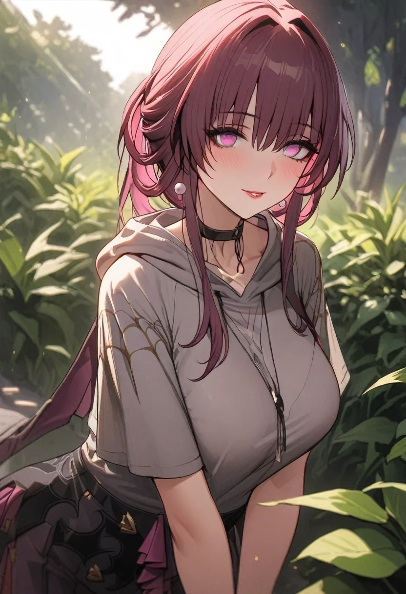 girl wearing a short-sleeved grey hoodie, pleated skirt, long hair, detailed facial features, beautiful eyes and lips, standing in a lush green garden, sunlight streaming through the trees, 8k, highly detailed, masterpiece, kafka_\(honkai:_star_rail\)
