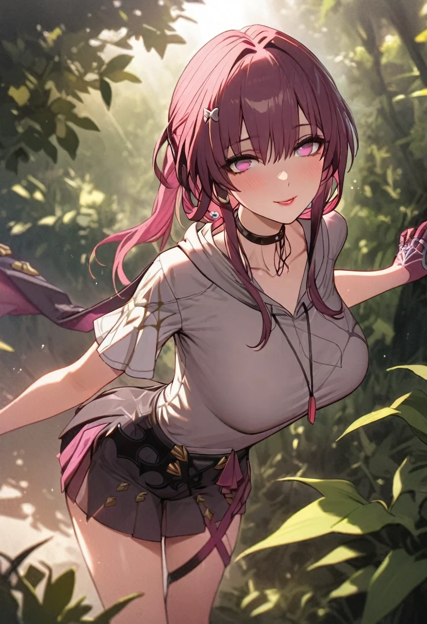 girl wearing a short-sleeved grey hoodie, pleated skirt, long hair, detailed facial features, beautiful eyes and lips, standing in a lush green garden, sunlight streaming through the trees, 8k, highly detailed, masterpiece, kafka_\(honkai:_star_rail\)
