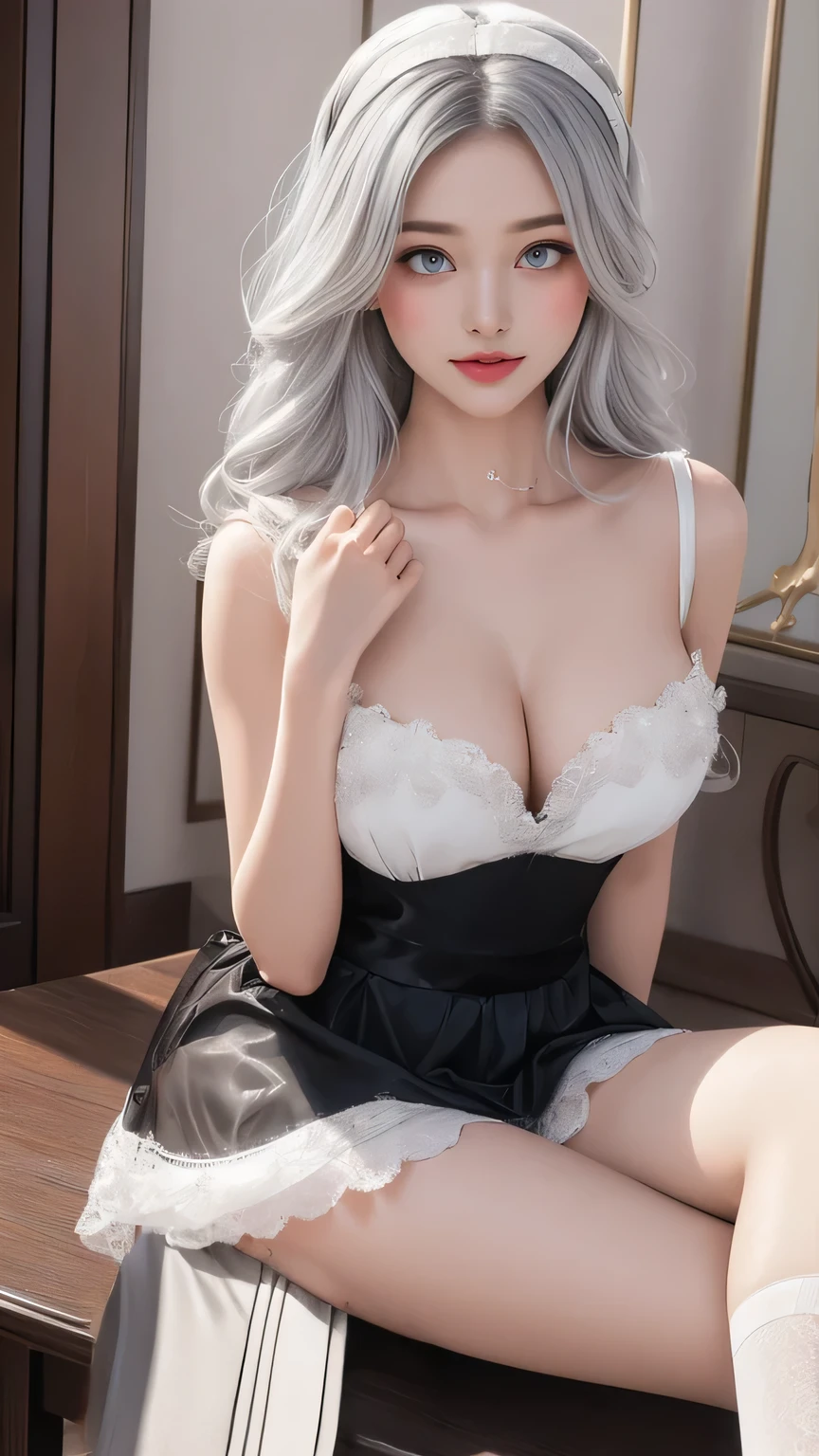 ((reality lighting, best qualtiy, 8K, tmasterpiece:1.3)), sharp fokus:1.2, 1girll, Beautiful Women with Perfect Figure:1.4, gigantic cleavage breasts，Slim abdomen:1.1, ((Extra-long, Slightly curly hair)), (Dark blue sexy lingerie）,（inns，during night：1.1），luxury hotel，happy laughing，（A sexy pose），（kneeling on a bed），（is shy），silvery white hair，（Nice chest shape），（gigantic cleavage breasts），（36H），A sexy pose，Ultra-fine face，Fine eyes，Formal short skirt，二重まぶた，Layered hair，A sexy pose，seductiv，Cleavage is seductive，Little bear ears，Extra-long, Slightly curly hair，Coquettish，Sexy cleavage，Ruffle your hair，There is light in the eyes，chest