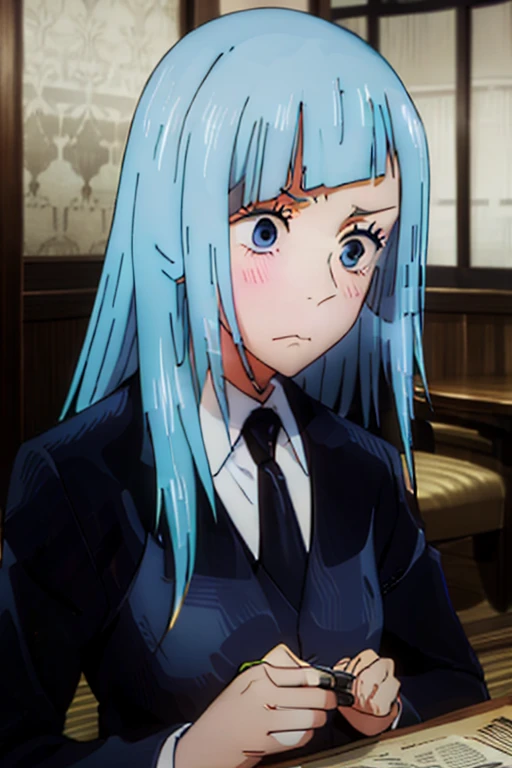 ((Kasumi:1.3)),Tall, Long legs,One Girl, Alone, Blue Hair, tie, Long Hair,black tie, blue eyes, shirt, Upper Body, bangs, jacket, white shirt, formal, collared shirt, Mouth closed, suit, blunt bangs, School uniform,((Panic face:1.3)),Open your mouth,(Blushed:1.3),Adult women,((extremely detail)),((8k),surprise,Embarrassed