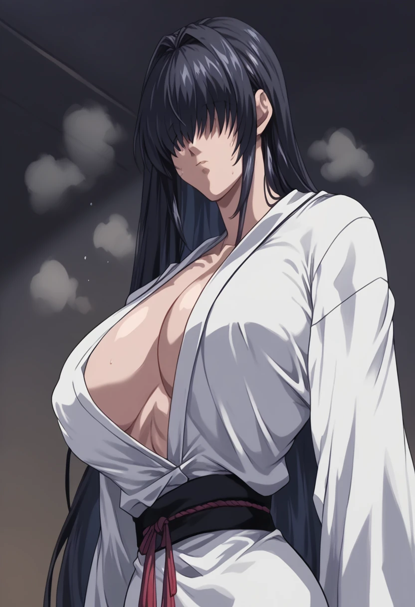 Both eyes hidden，White skin，Grayish skin，Dark pale skin，Both eyes hidden，Long Hair，Long Hair，Black Hair，White kimono，Super big breasts, Expressionless,Cold look，A fascinating body,indoor, whole body，night，Dark Room，hair over eyes，