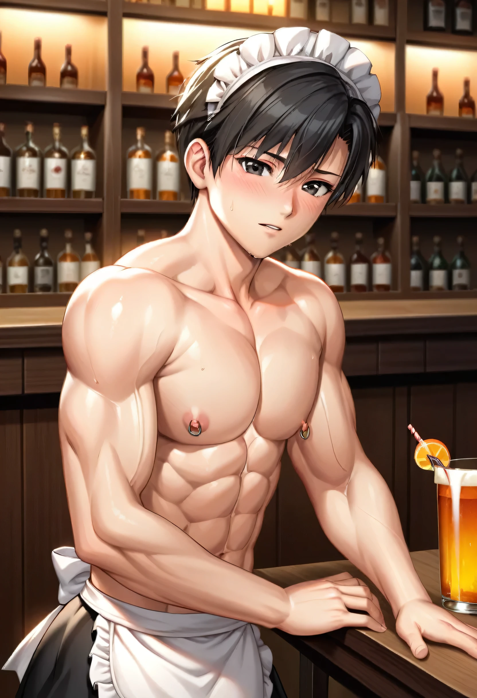 high quality, detailed, (16 y/o japanese idol maid boy), (detailed black eyes), black short hair,maid apron, head dress,(muscle), shiny skin, topless, detailed puffy nipples, nipple rings, bar, (best quality,4k,8k,highres,masterpiece:1.2),