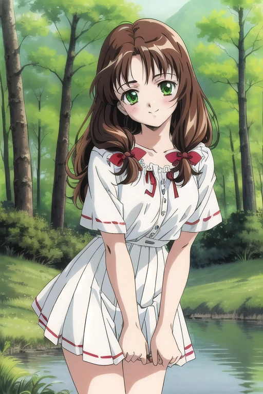 Super detailed,Best Quality,masterpiece, meow, One girl, difficult, green_eye, ribbon, hair_ribbon, length_hair, anime, forest,lake,tree,smile,, White ruffled blouse,Red ribbon,brown hair,Red camisole,White pleated skirt, skirt tucked up、Panty shot、Cute Panties