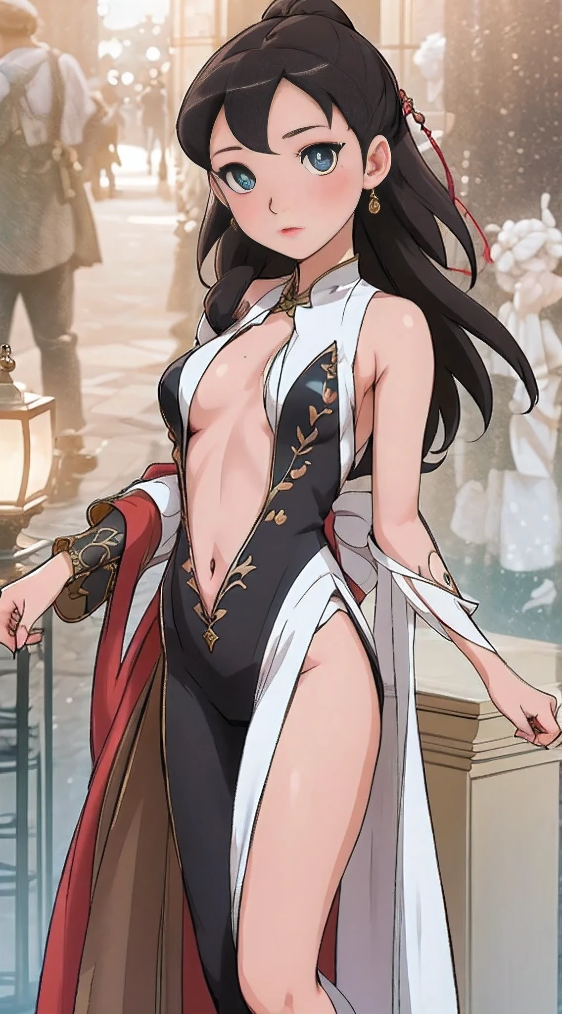 masterpiece, highest quality, (solo focus), (perfect face:1.1), (high detail:1.1), (hyper detailed eyes), dramatic, a girl with pale skin and long voluminous hair,solo, long hair, Sephiroth, moon, night, white luxury suit, covered navel, pouty lips, fur, arrogant expression, Rose Garden, detailed background, art by artgerm, cinematic lighting, roses, fashion, BalenciagaStyle,black hair,shizuka